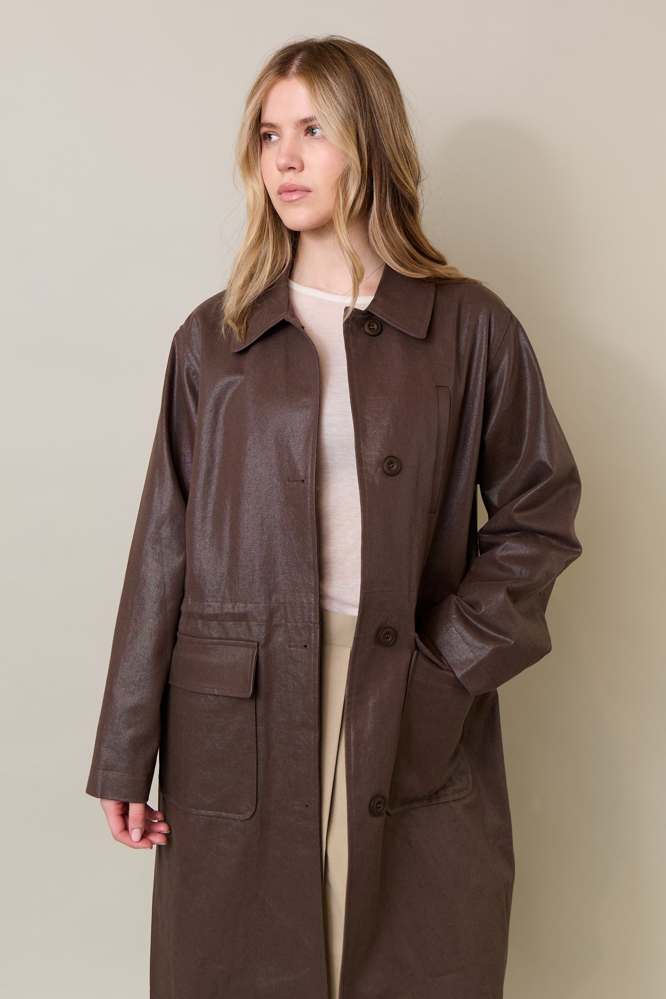 Coated Cotton Midi Jacket in Chocolate Brown