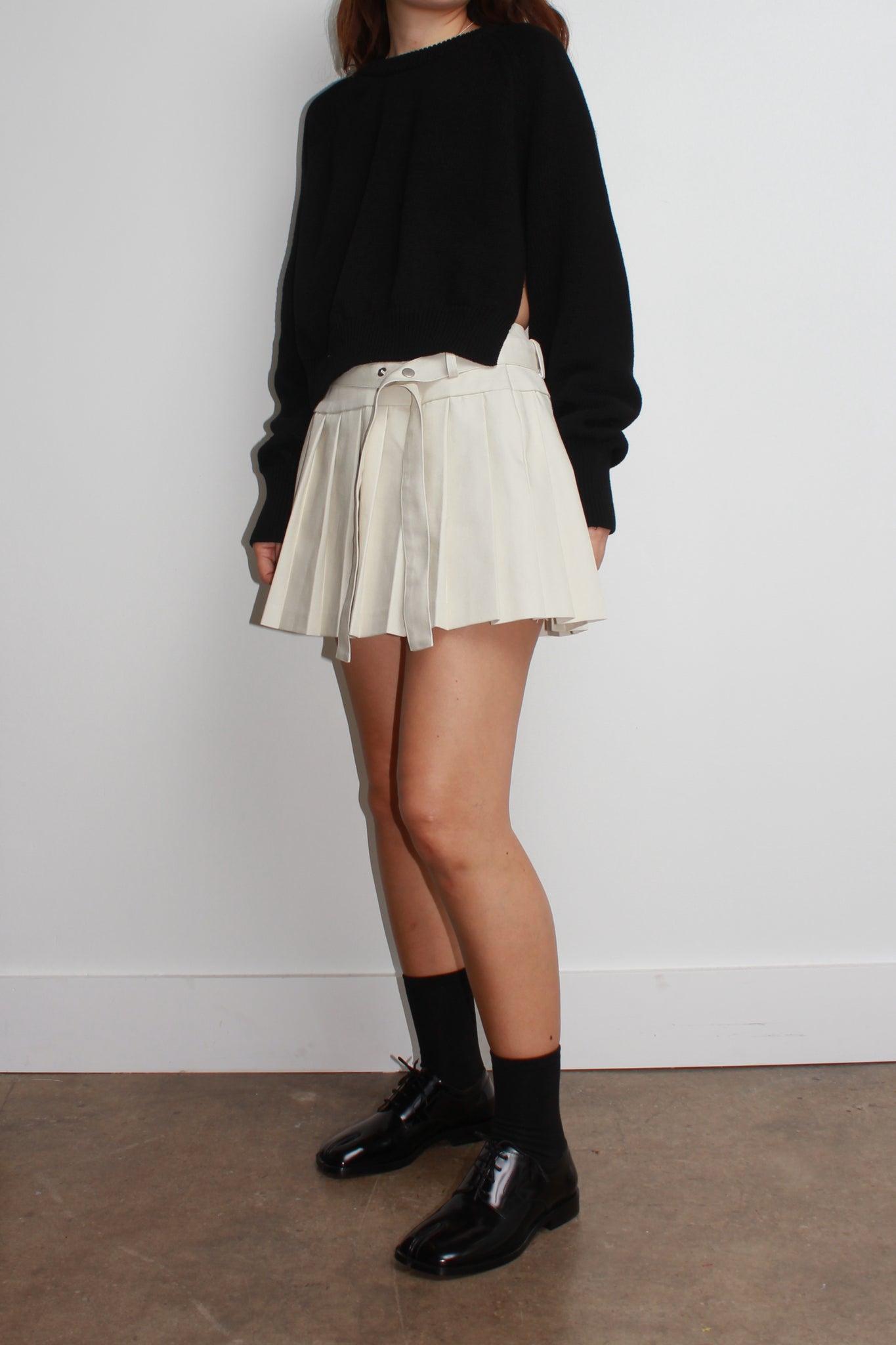 Frill Pleats Mini Skirt in Off White Denim