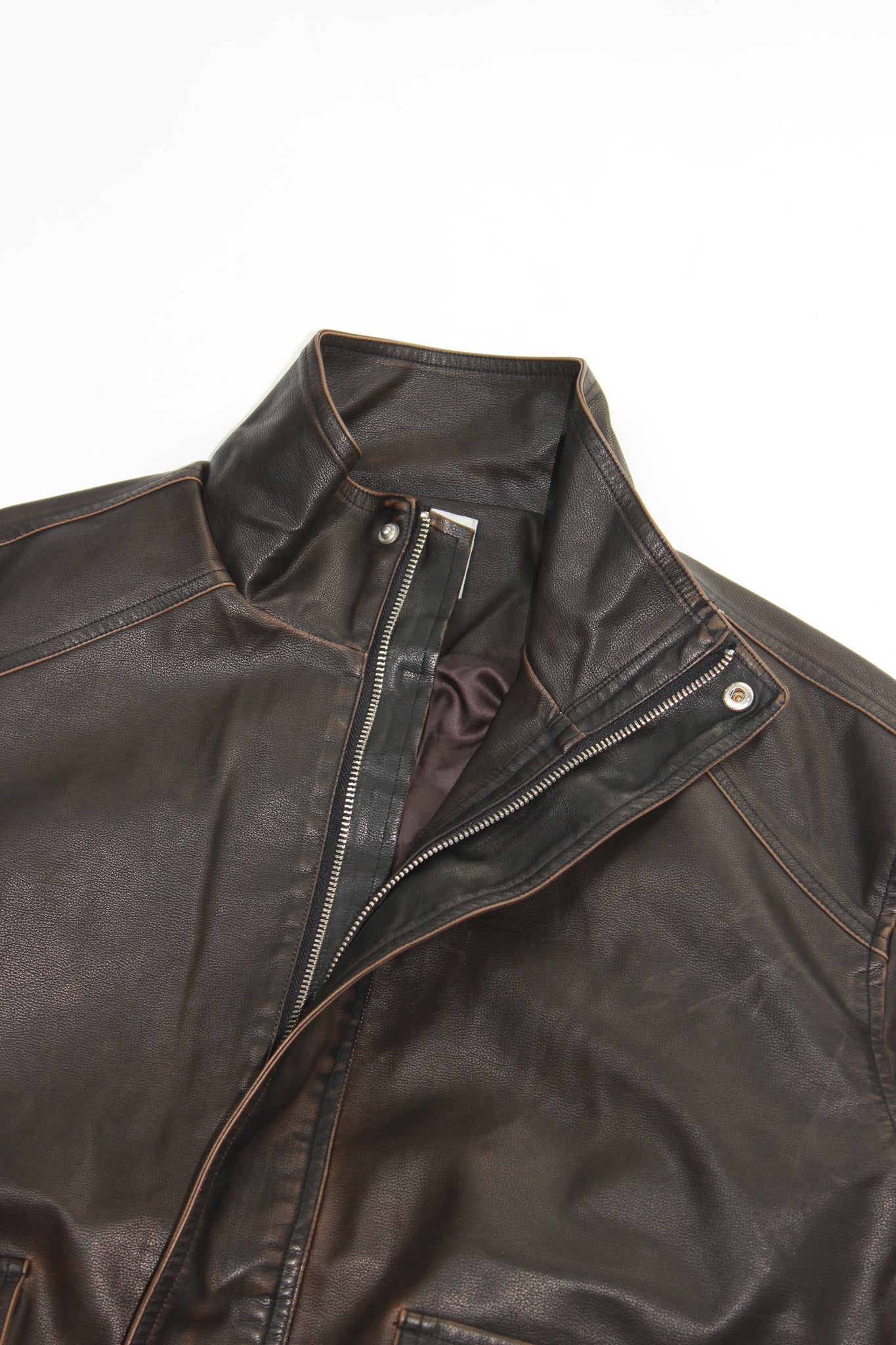Leroy High Neck Leather Jacket in Brown