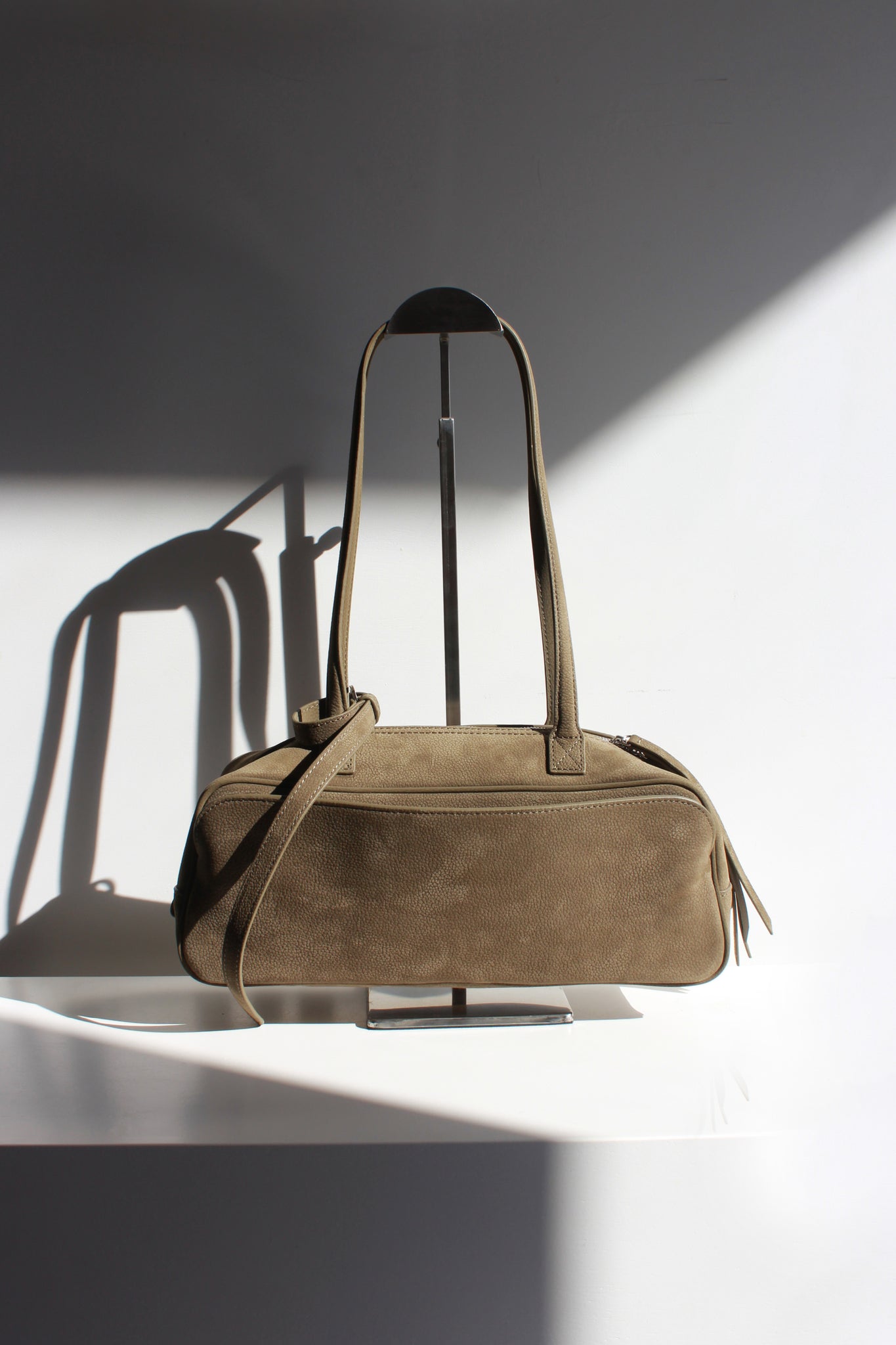 Nubuck Leather Square Shoulder Bag in Olive