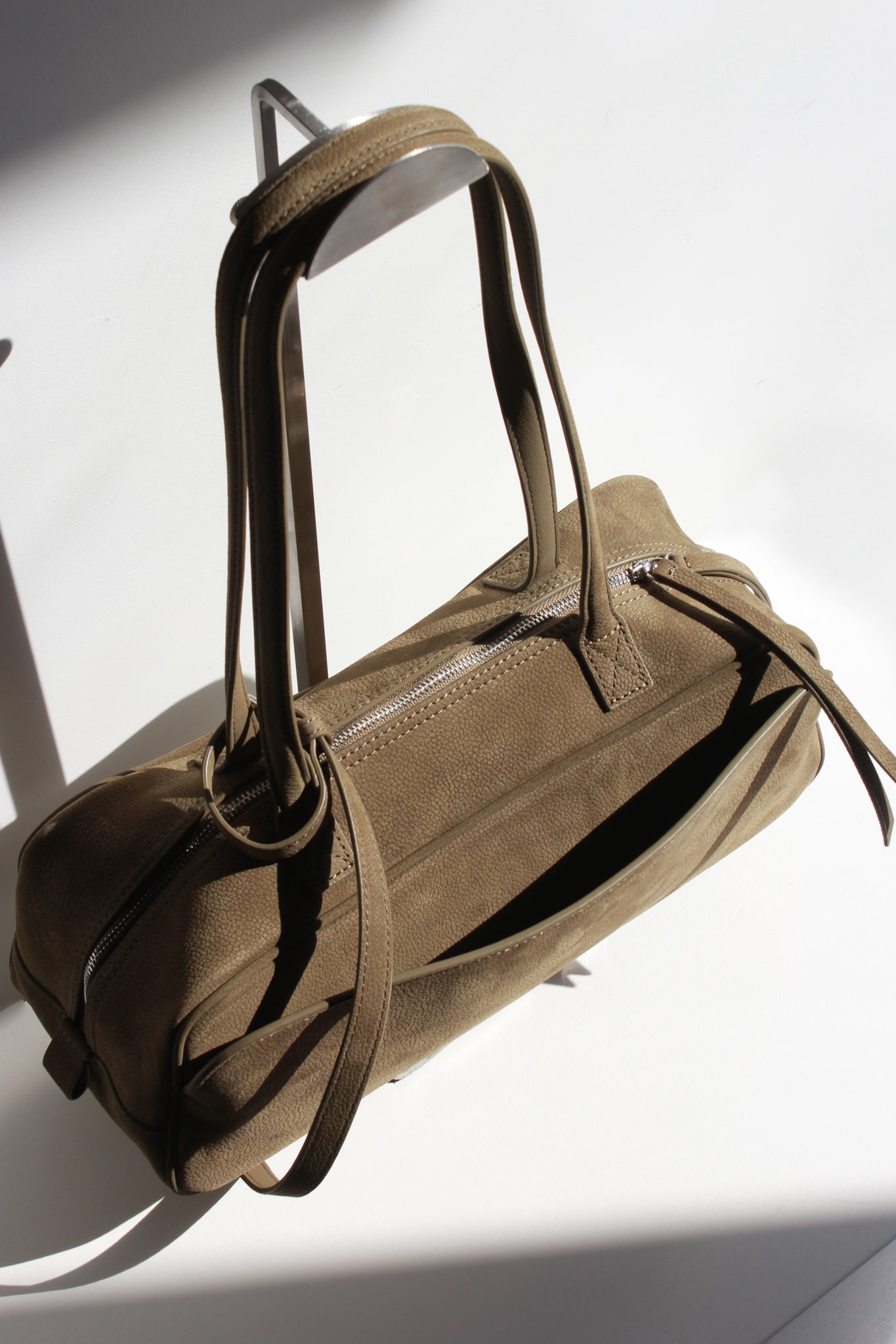 Nubuck Leather Square Shoulder Bag in Olive