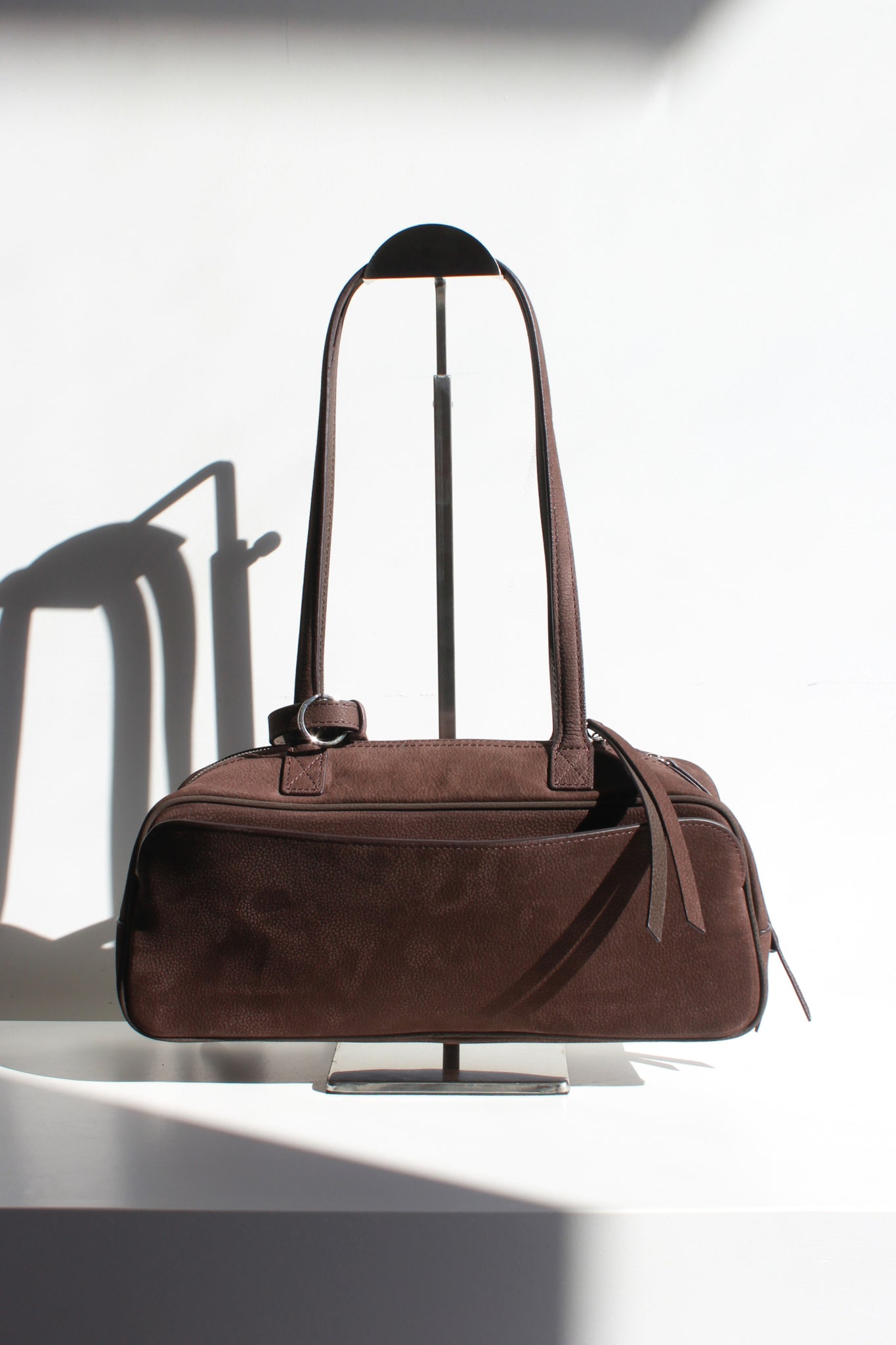 Nubuck Leather Square Shoulder Bag in Brown