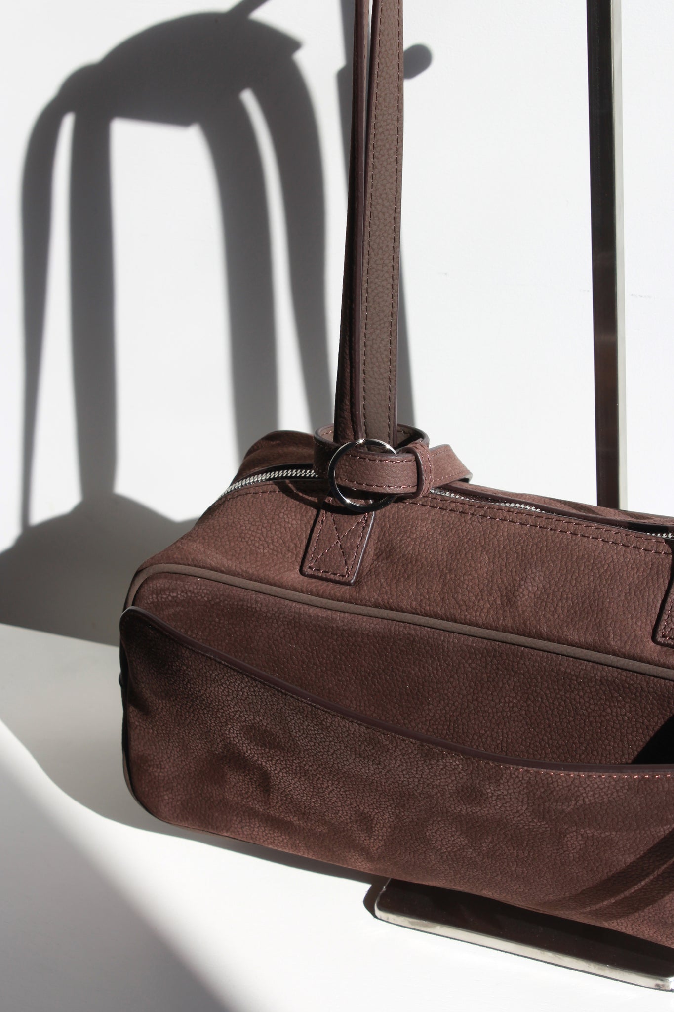 Nubuck Leather Square Shoulder Bag in Brown