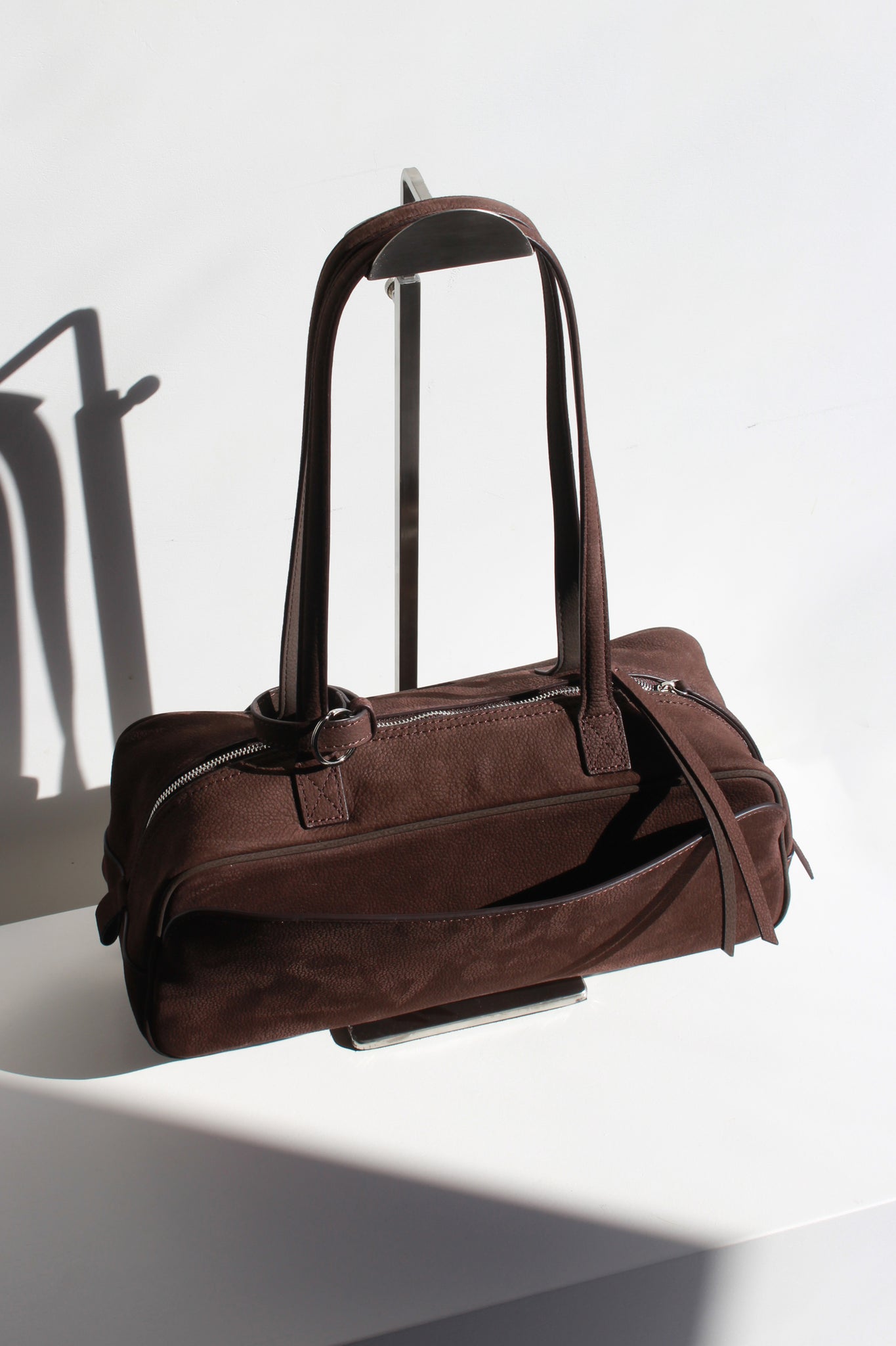 Nubuck Leather Square Shoulder Bag in Brown