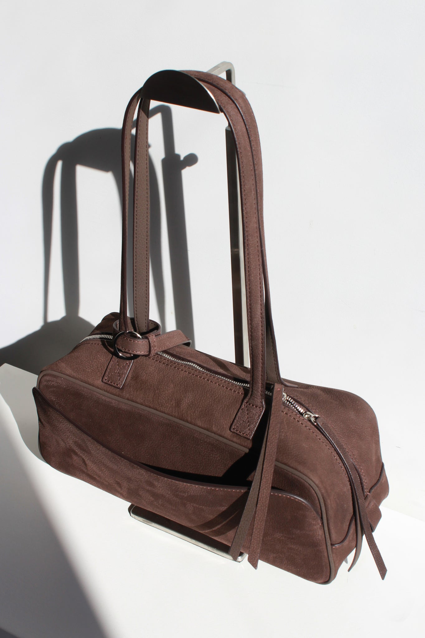 Nubuck Leather Square Shoulder Bag in Brown