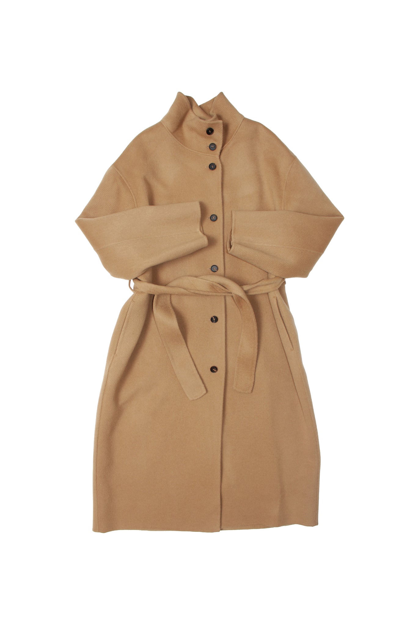 High-neck Handmade Long Coat in Carmel