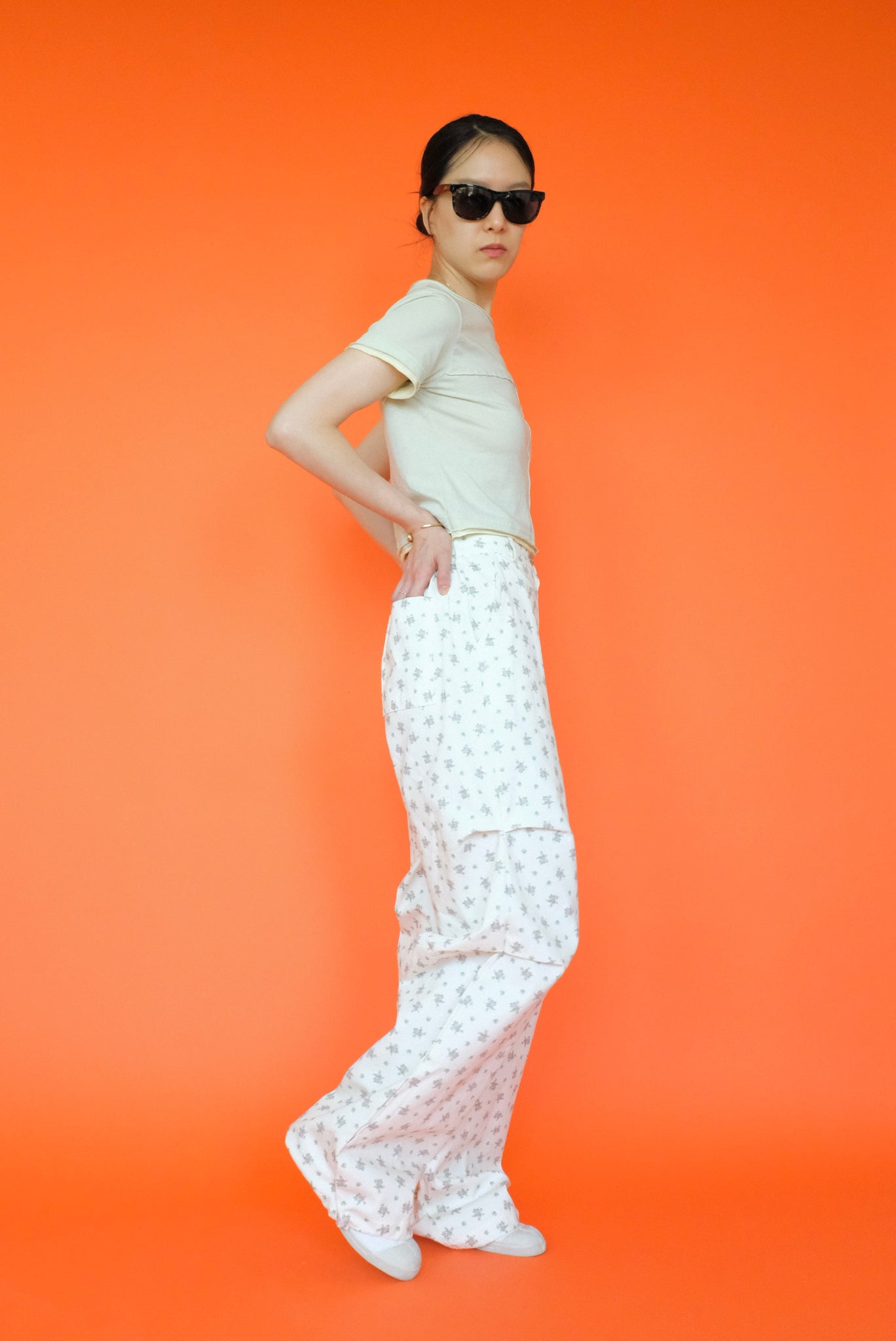 Wide Cotton Flower Pants in White