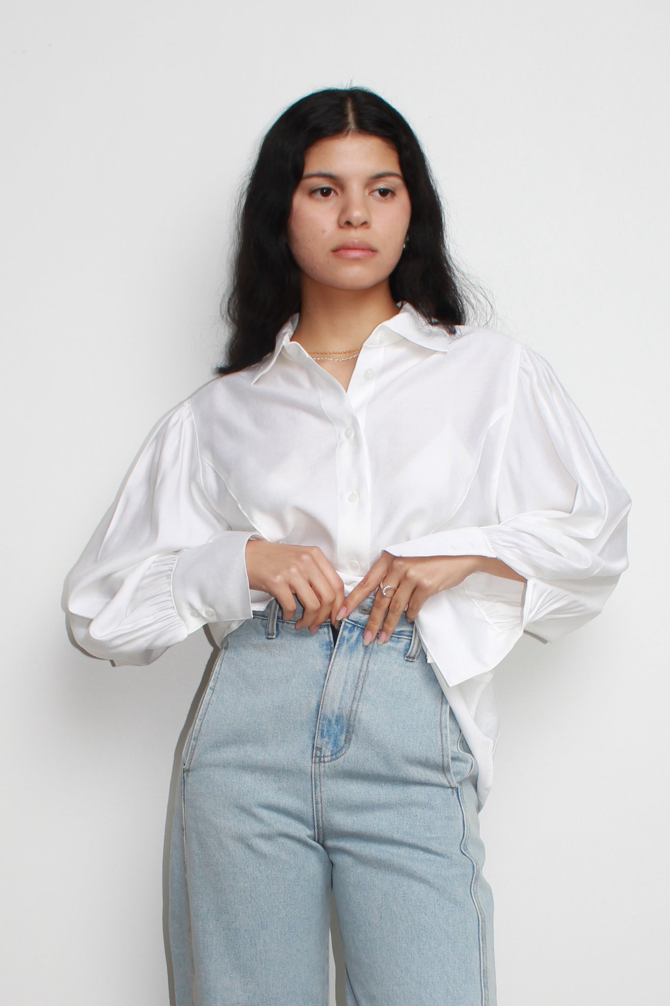 Rose Puff Silky Blouse in White