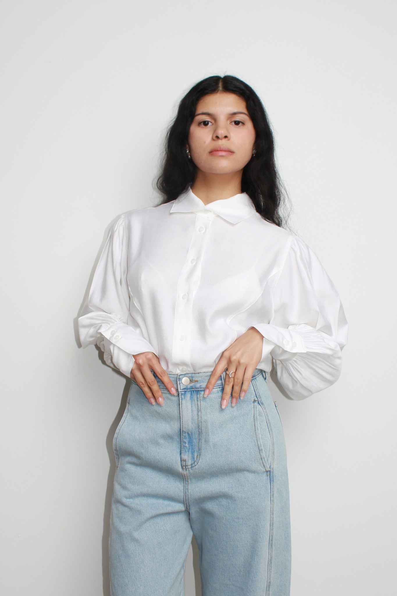 Rose Puff Silky Blouse in White