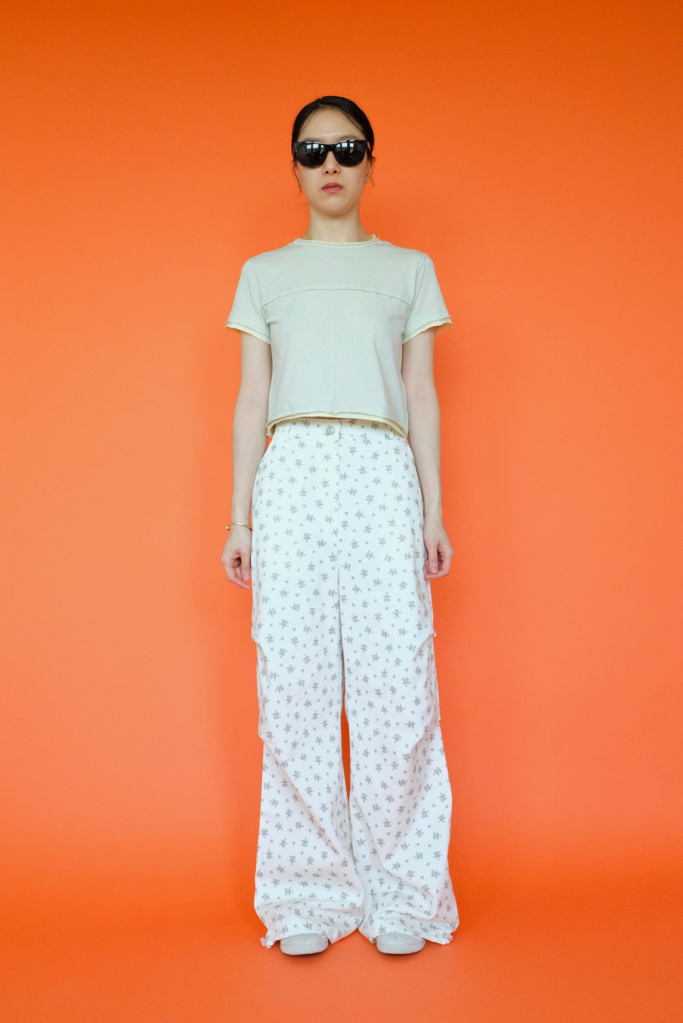 Wide Cotton Flower Pants in White