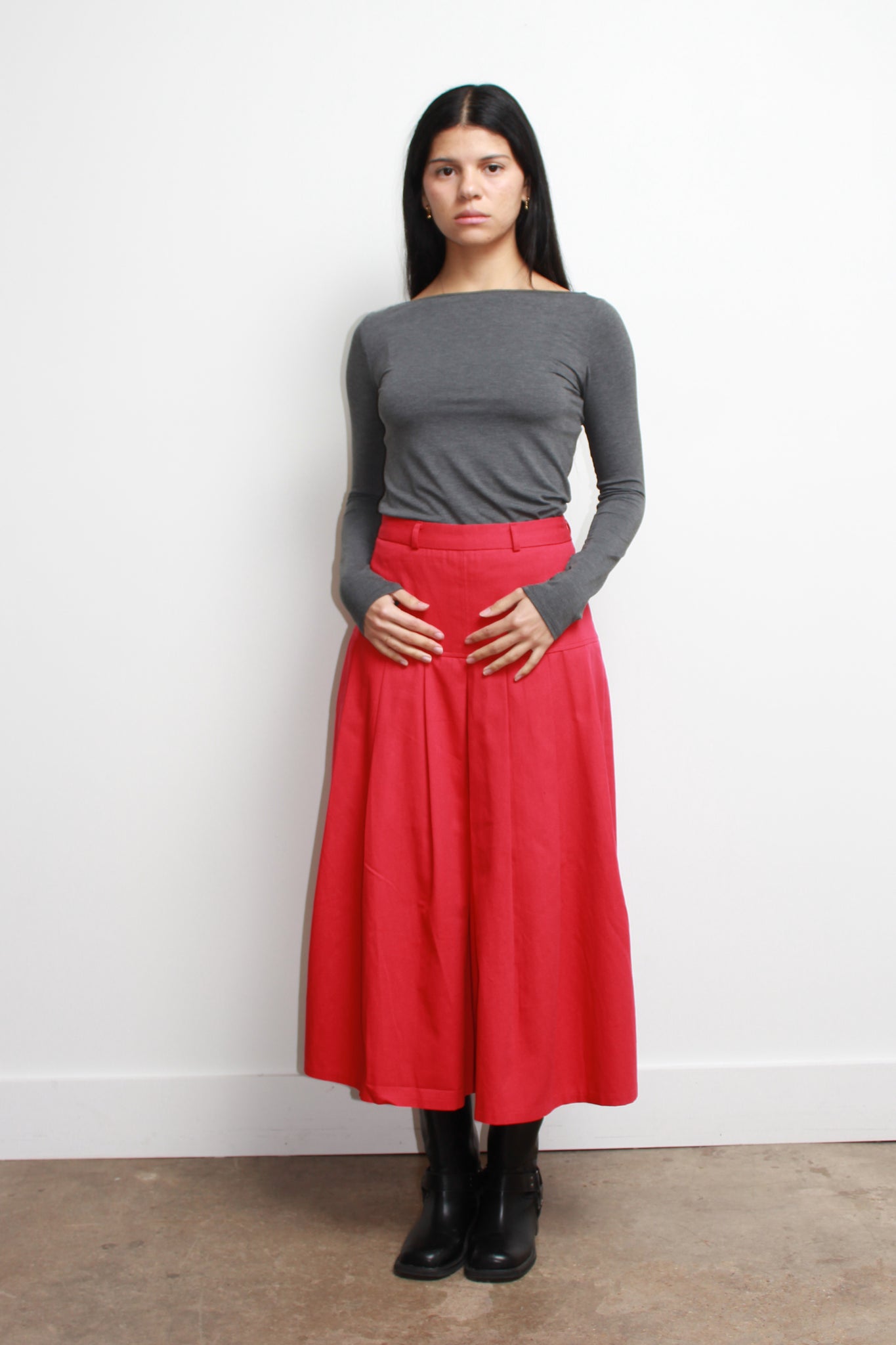 Red Pleats Midi Skirt