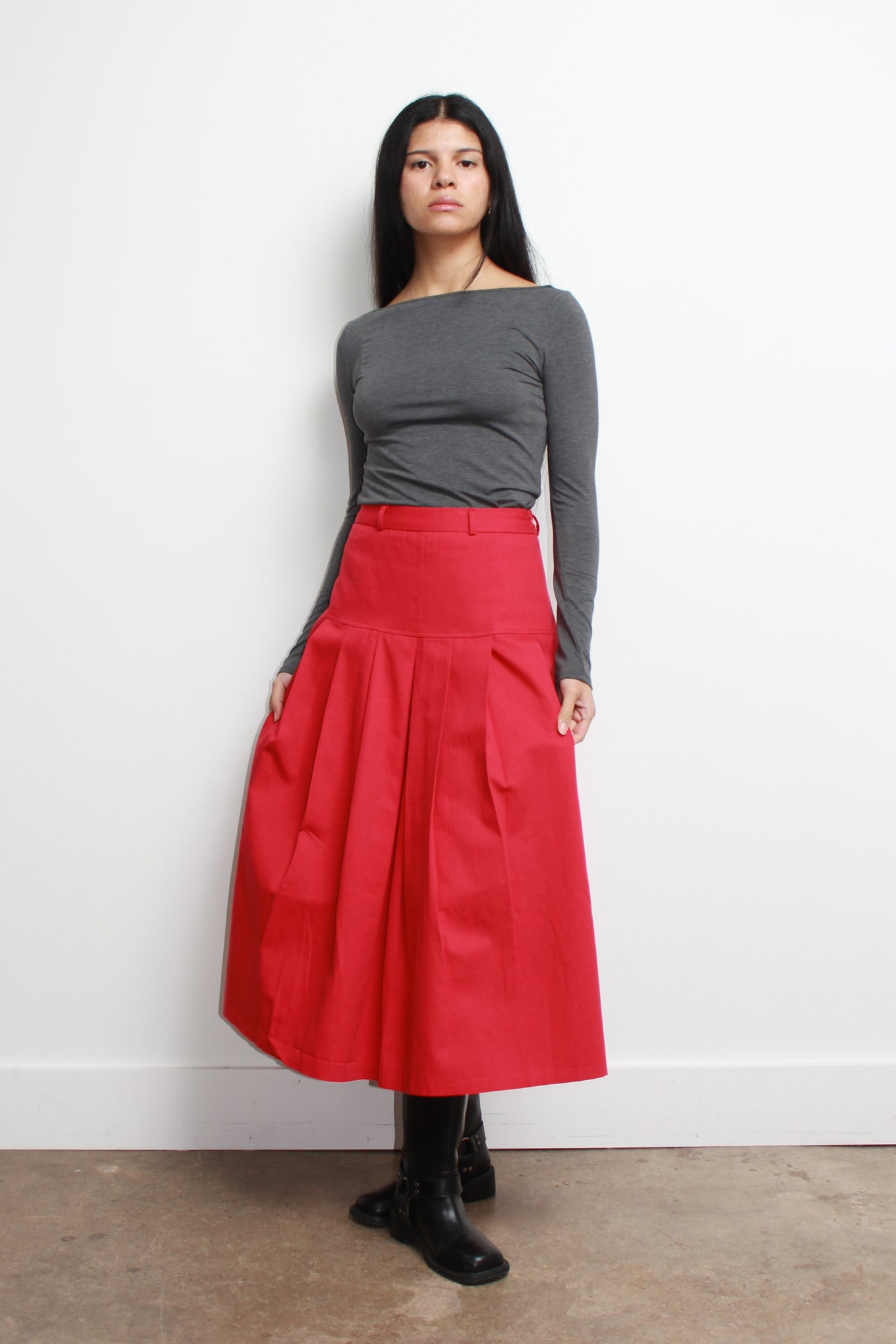 Red Pleats Midi Skirt