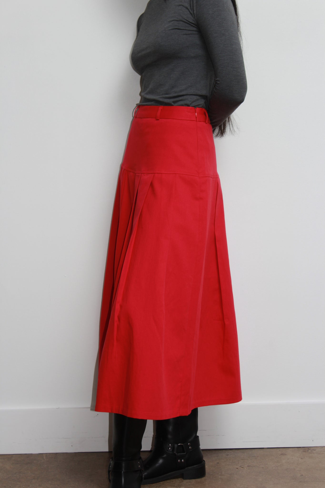 Red Pleats Midi Skirt