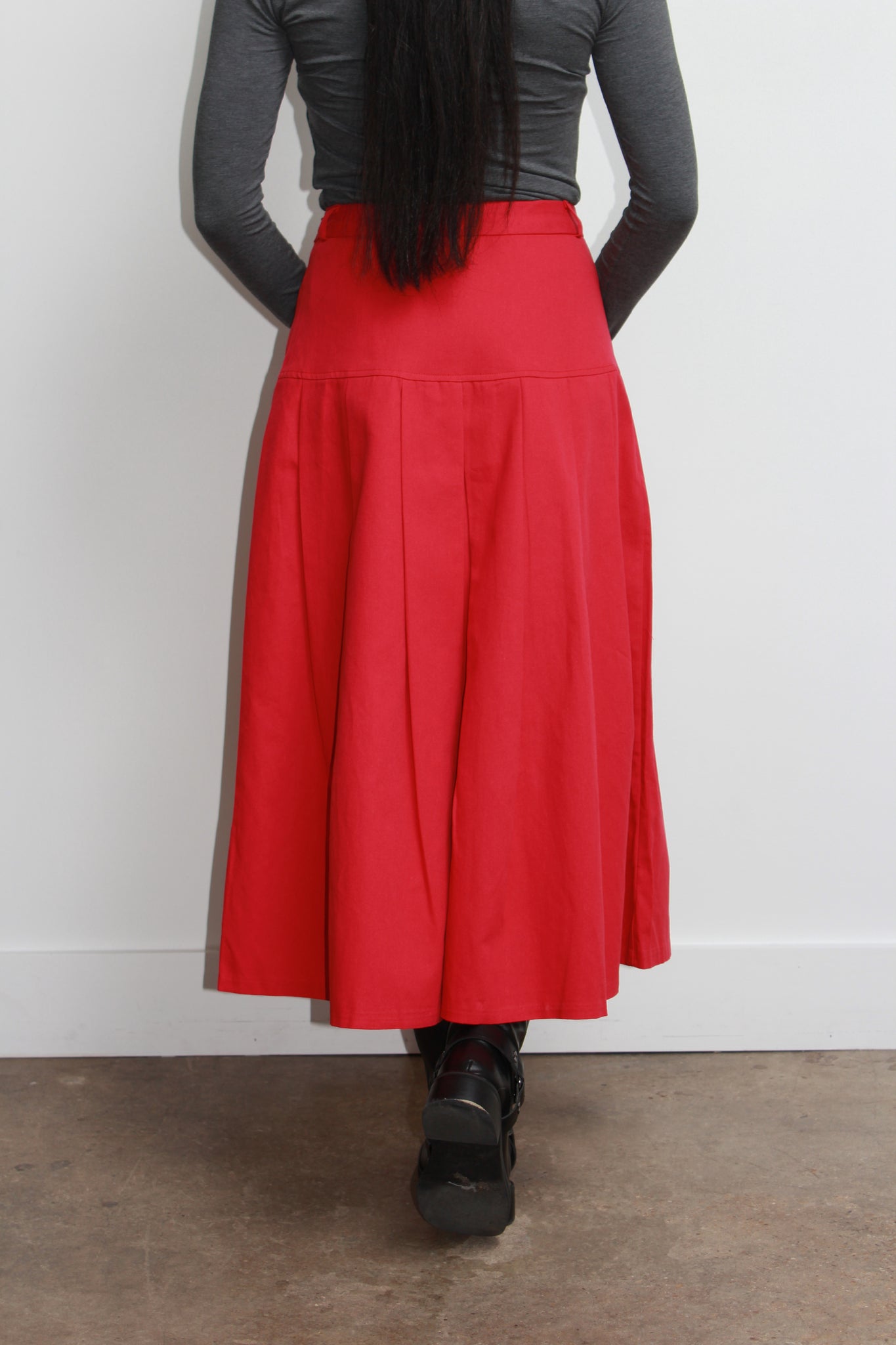 Red Pleats Midi Skirt