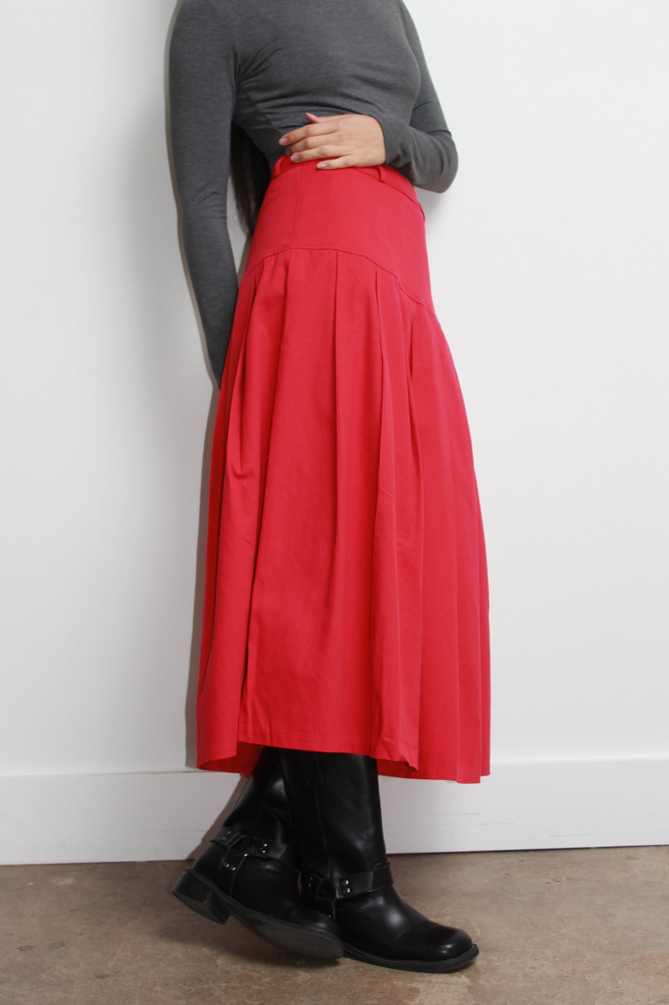 Red Pleats Midi Skirt