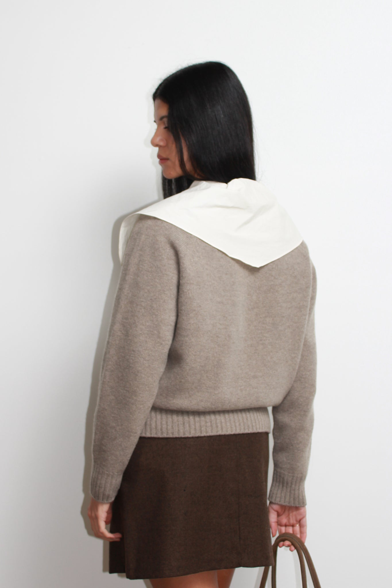 Wholegarment V-Neck Wool Sweater in Beige