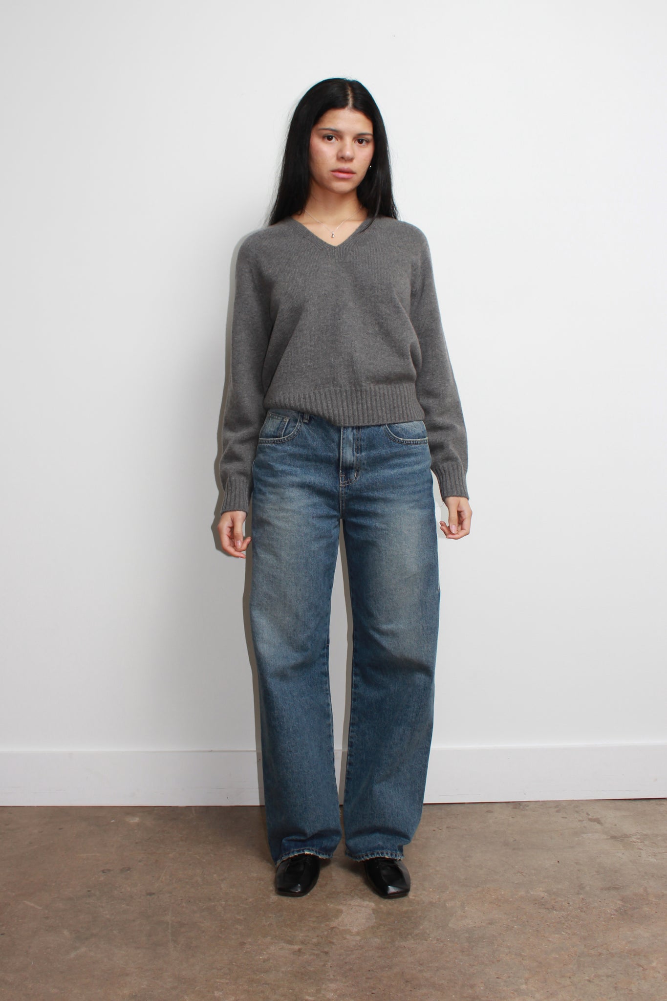 Wholegarment V-Neck Wool Sweater in Grey