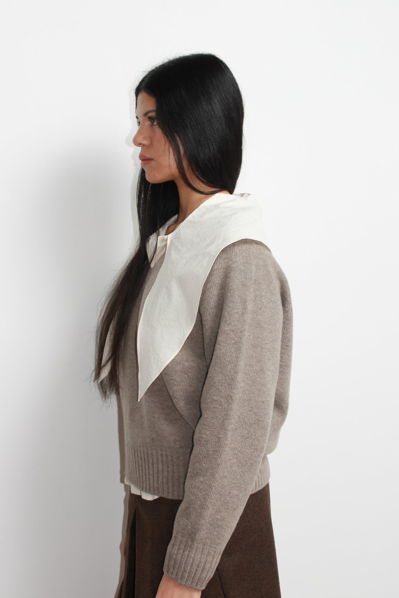 Wholegarment V-Neck Wool Sweater in Beige