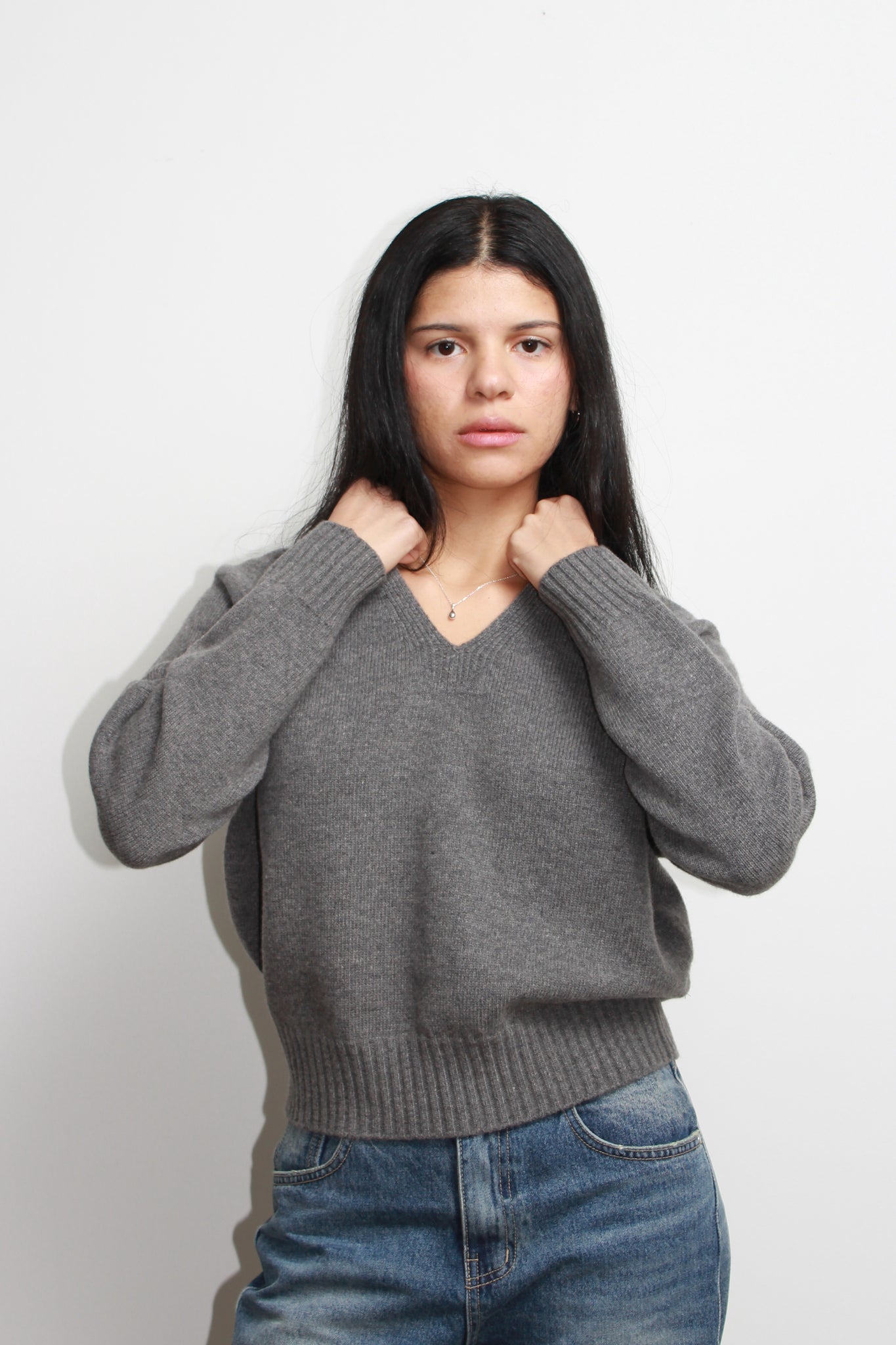 Wholegarment V-Neck Wool Sweater in Brown