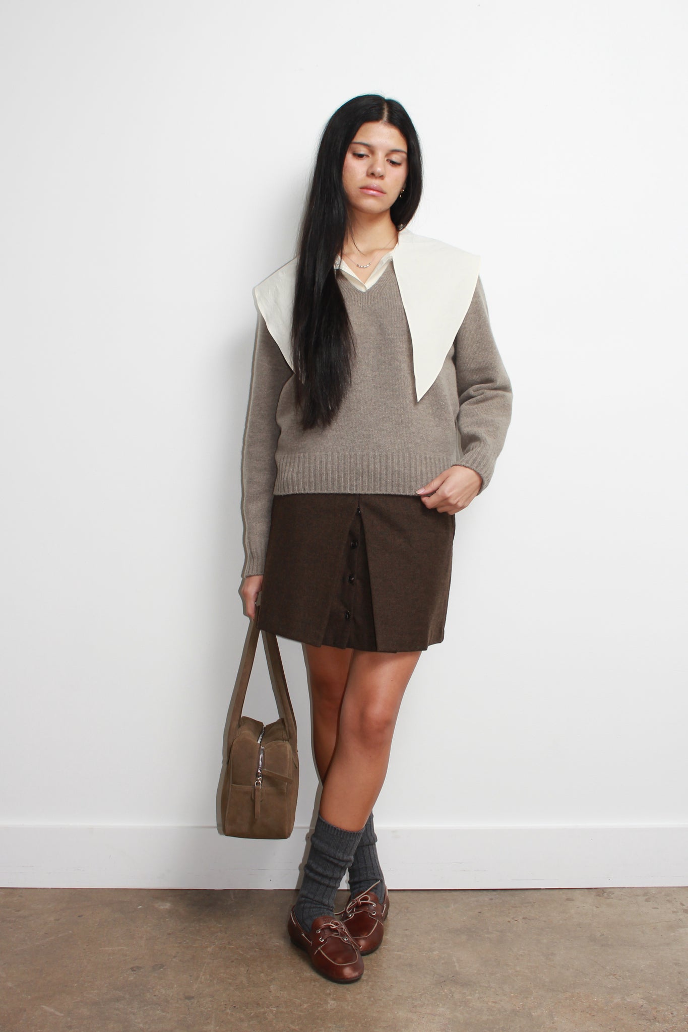 Wholegarment V-Neck Wool Sweater in Beige