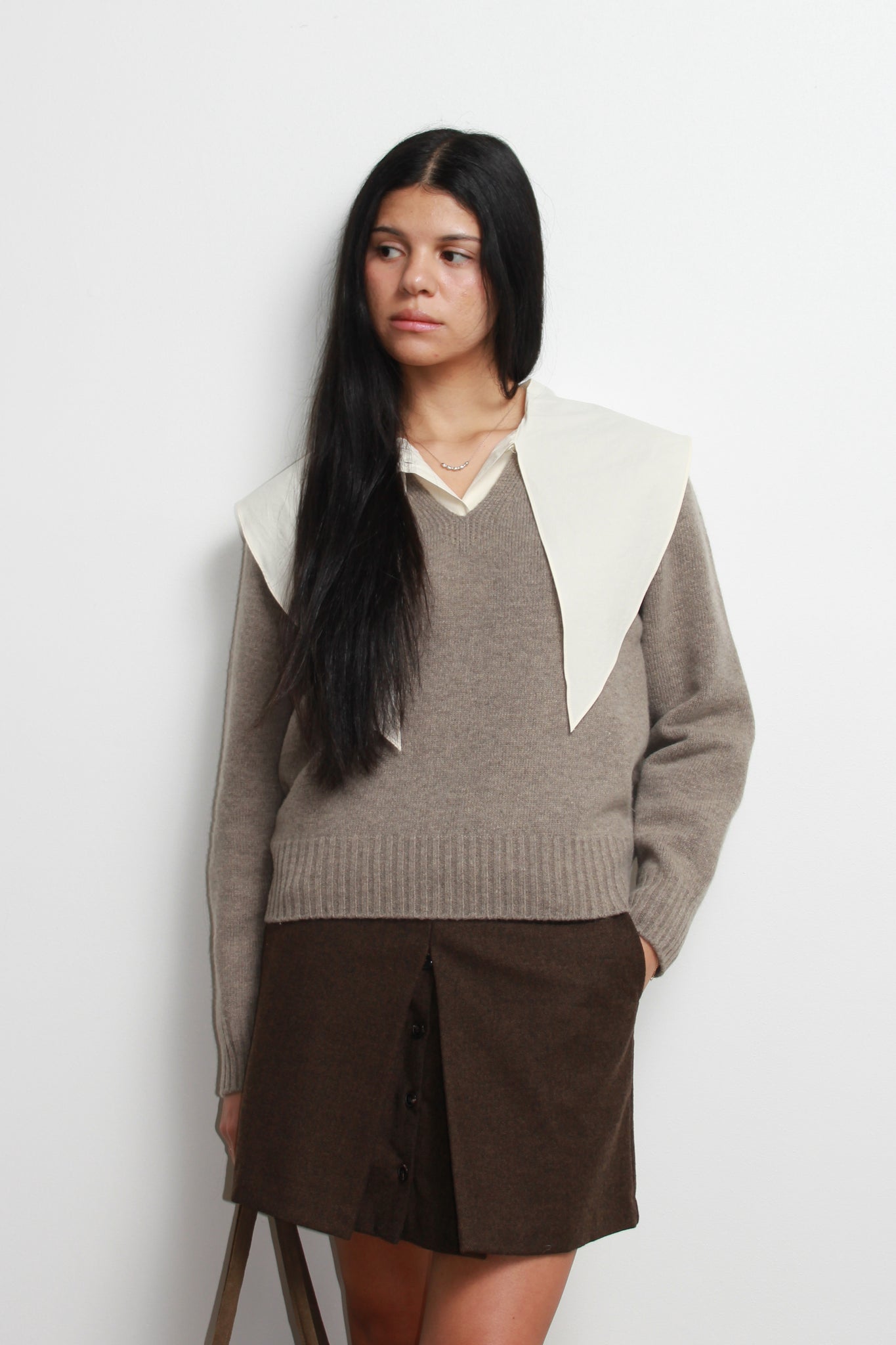 Wholegarment V-Neck Wool Sweater in Beige