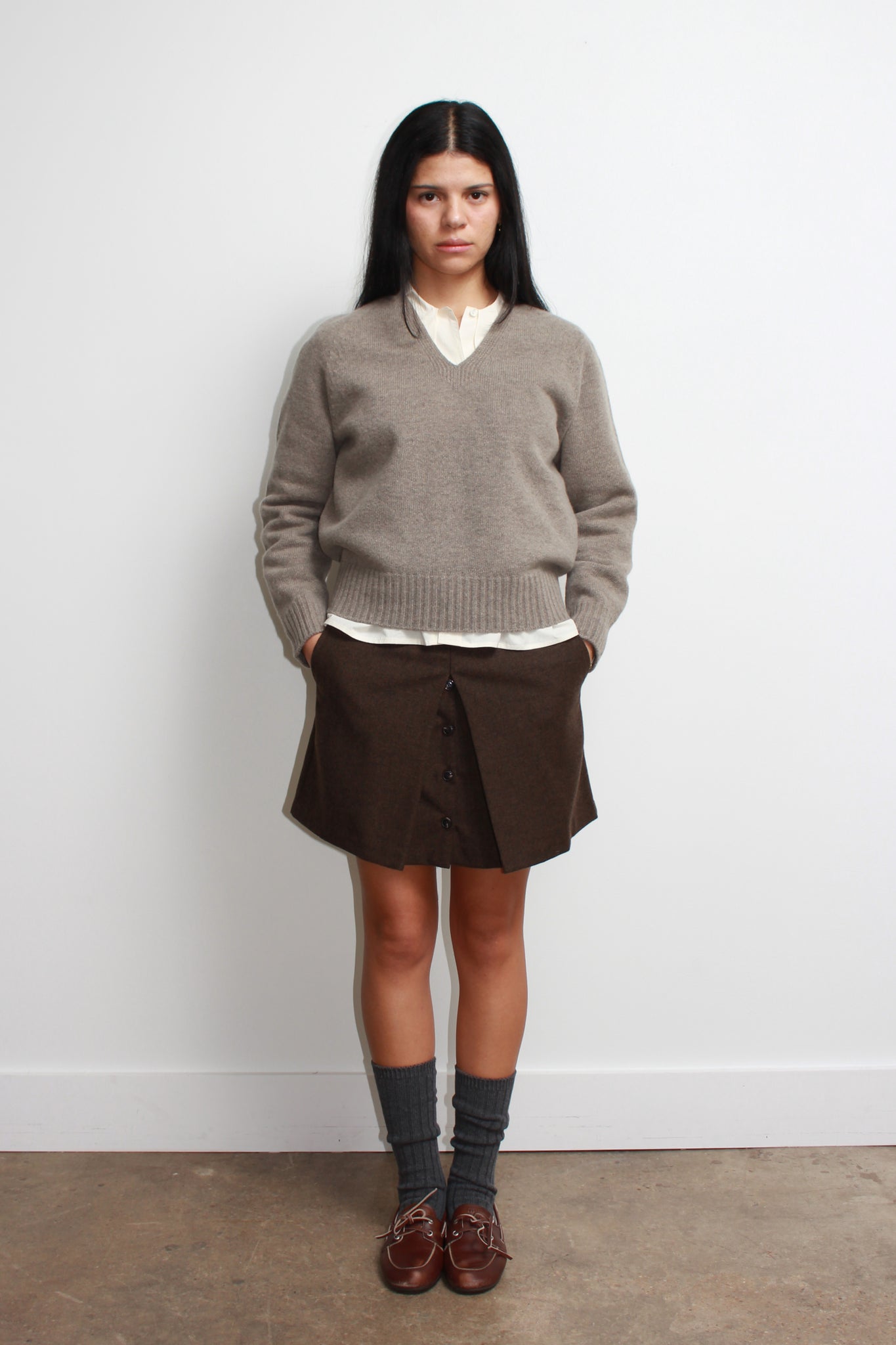 Wholegarment V-Neck Wool Sweater in Beige