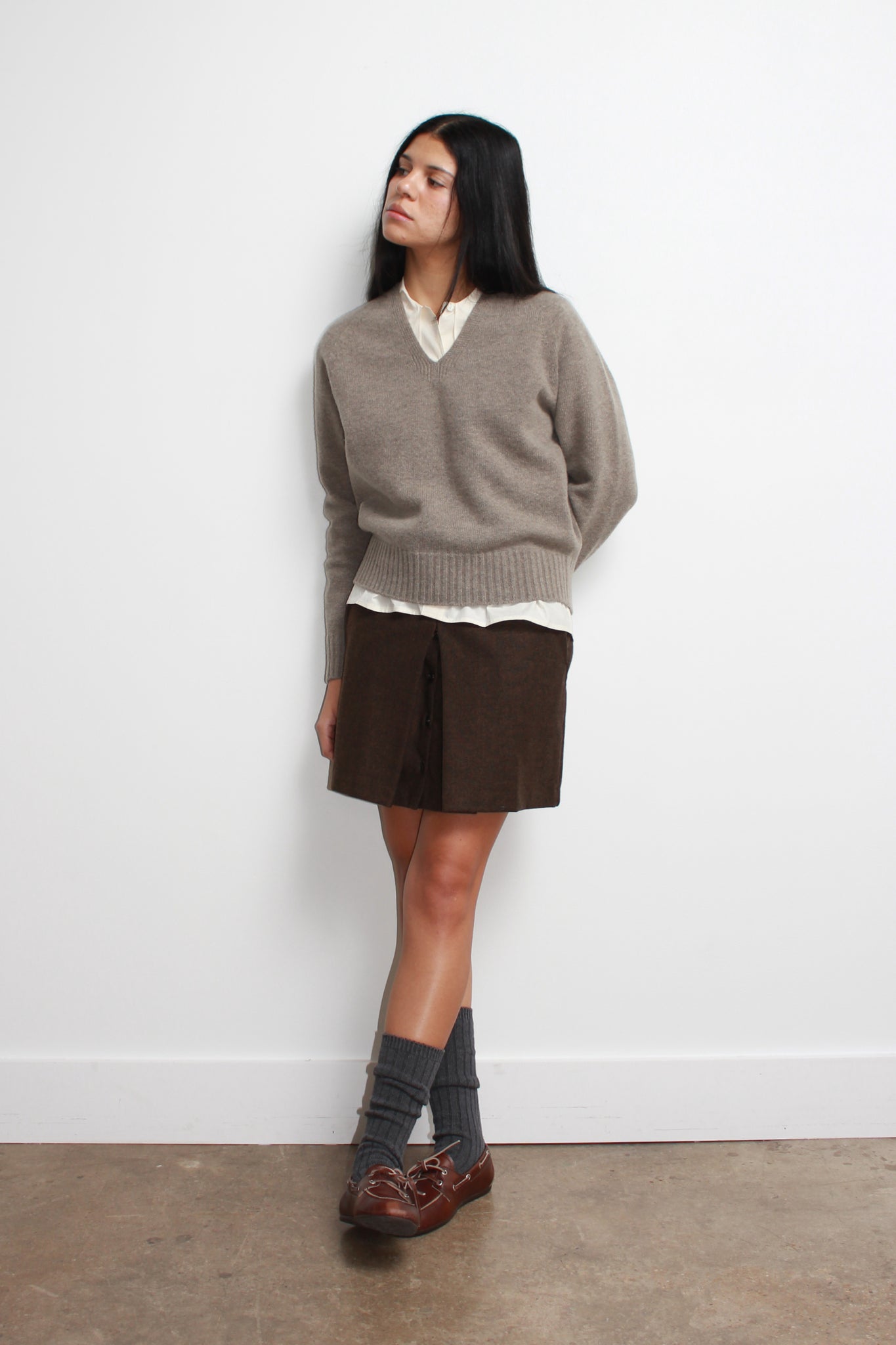 Wholegarment V-Neck Wool Sweater in Beige