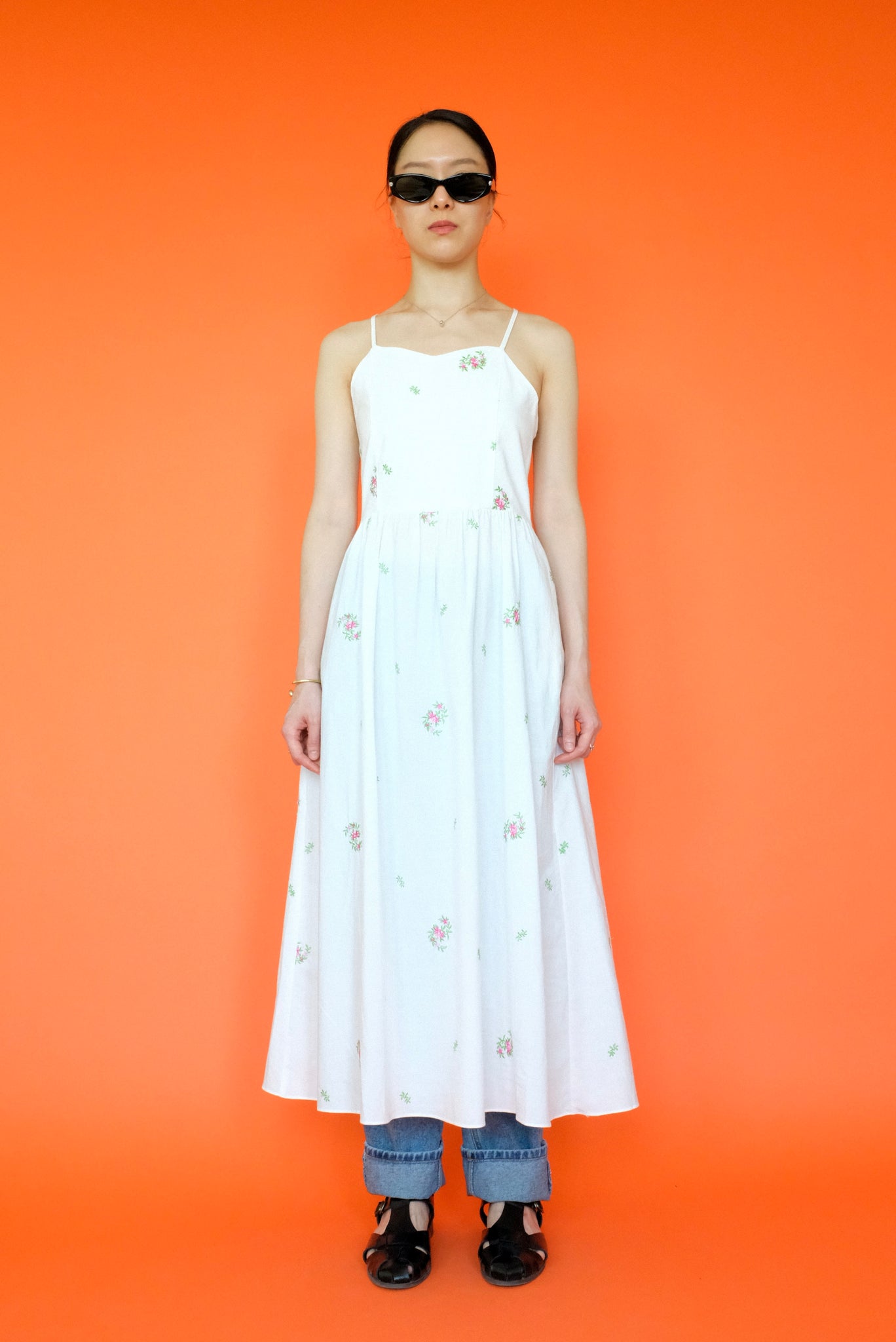 Flower embroidery Dress in White