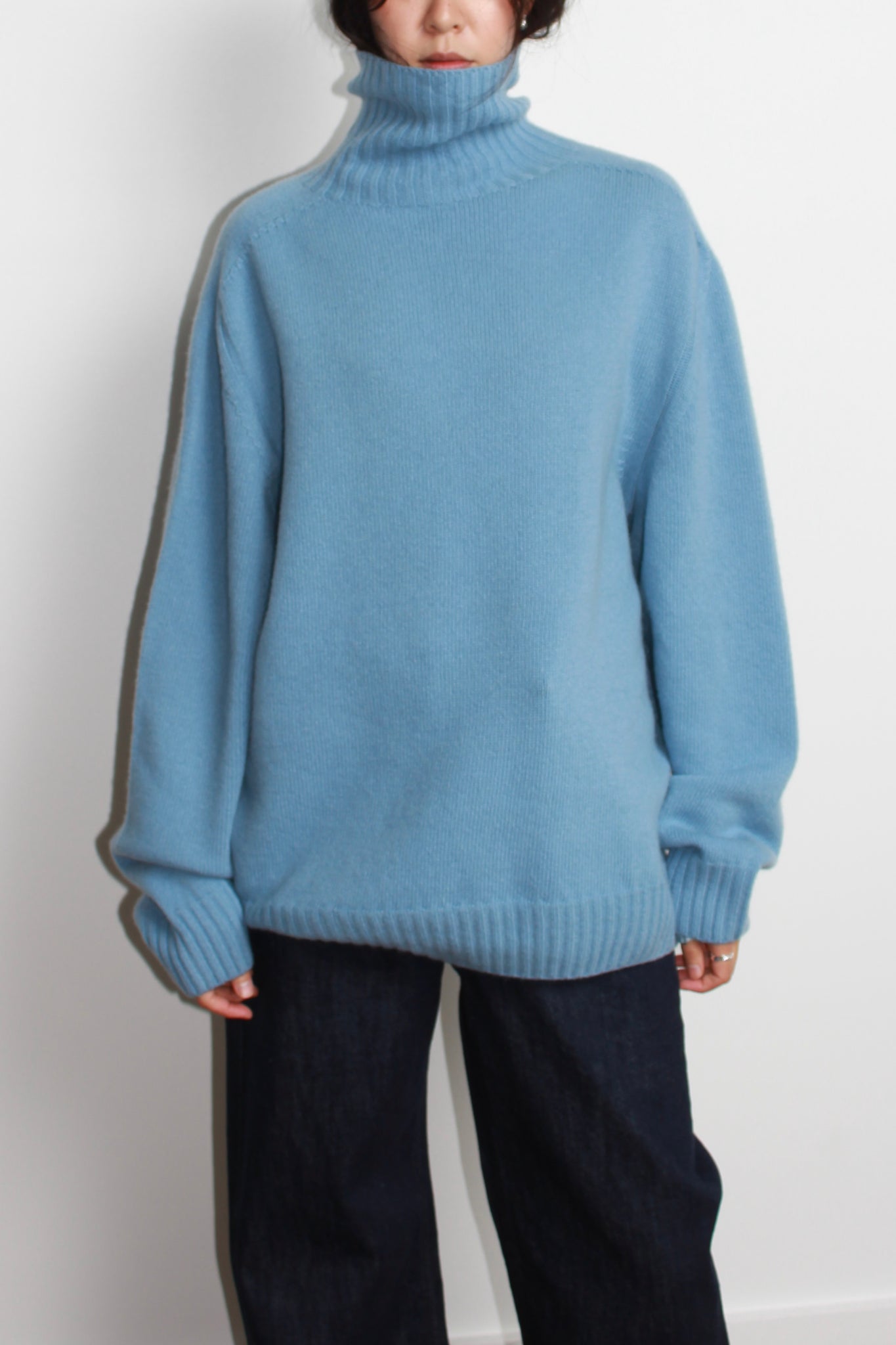 Whole garment Fine wool Turtleneck Sweater in Light Blue