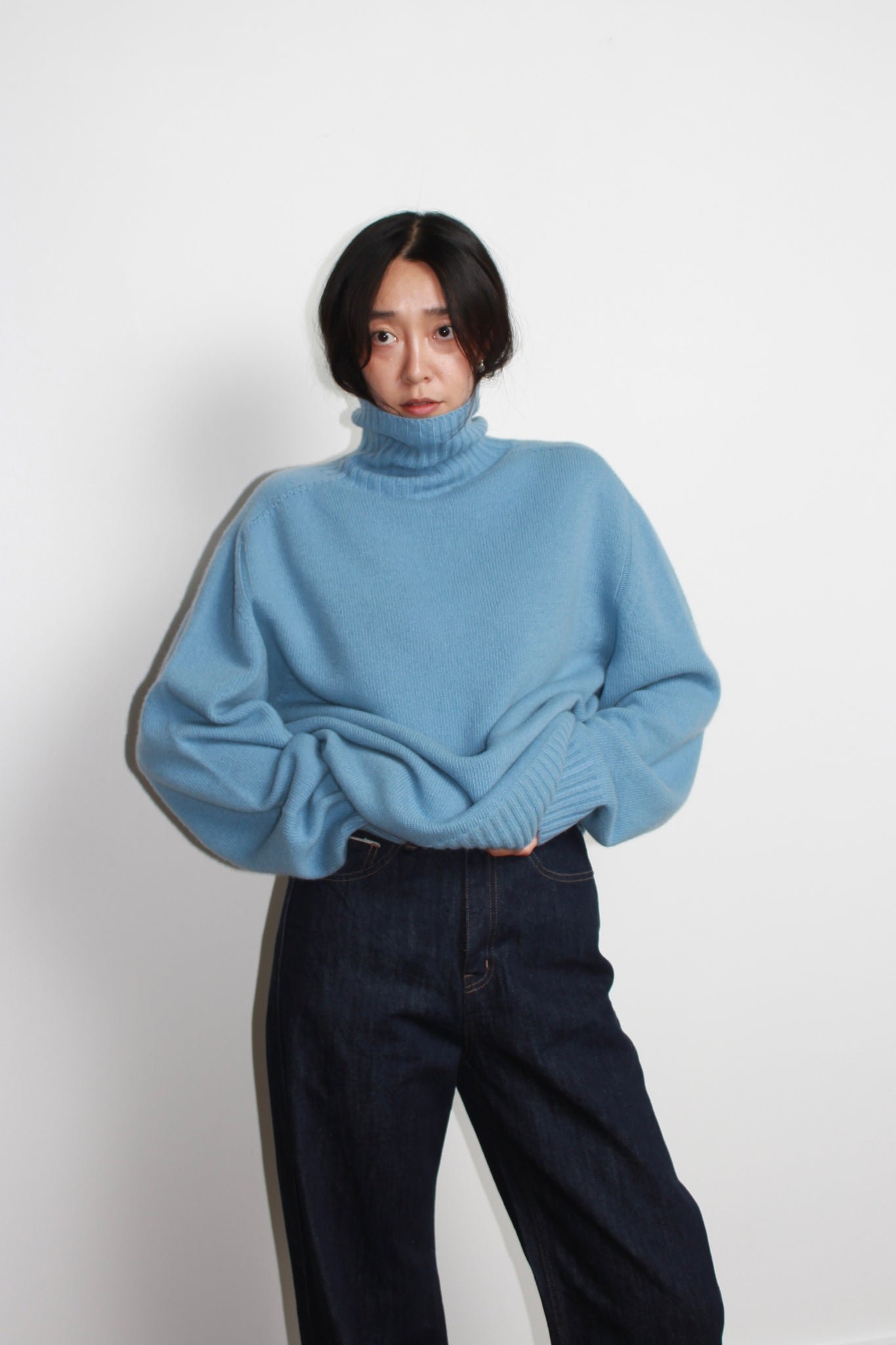 Whole garment Fine wool Turtleneck Sweater in Light Blue