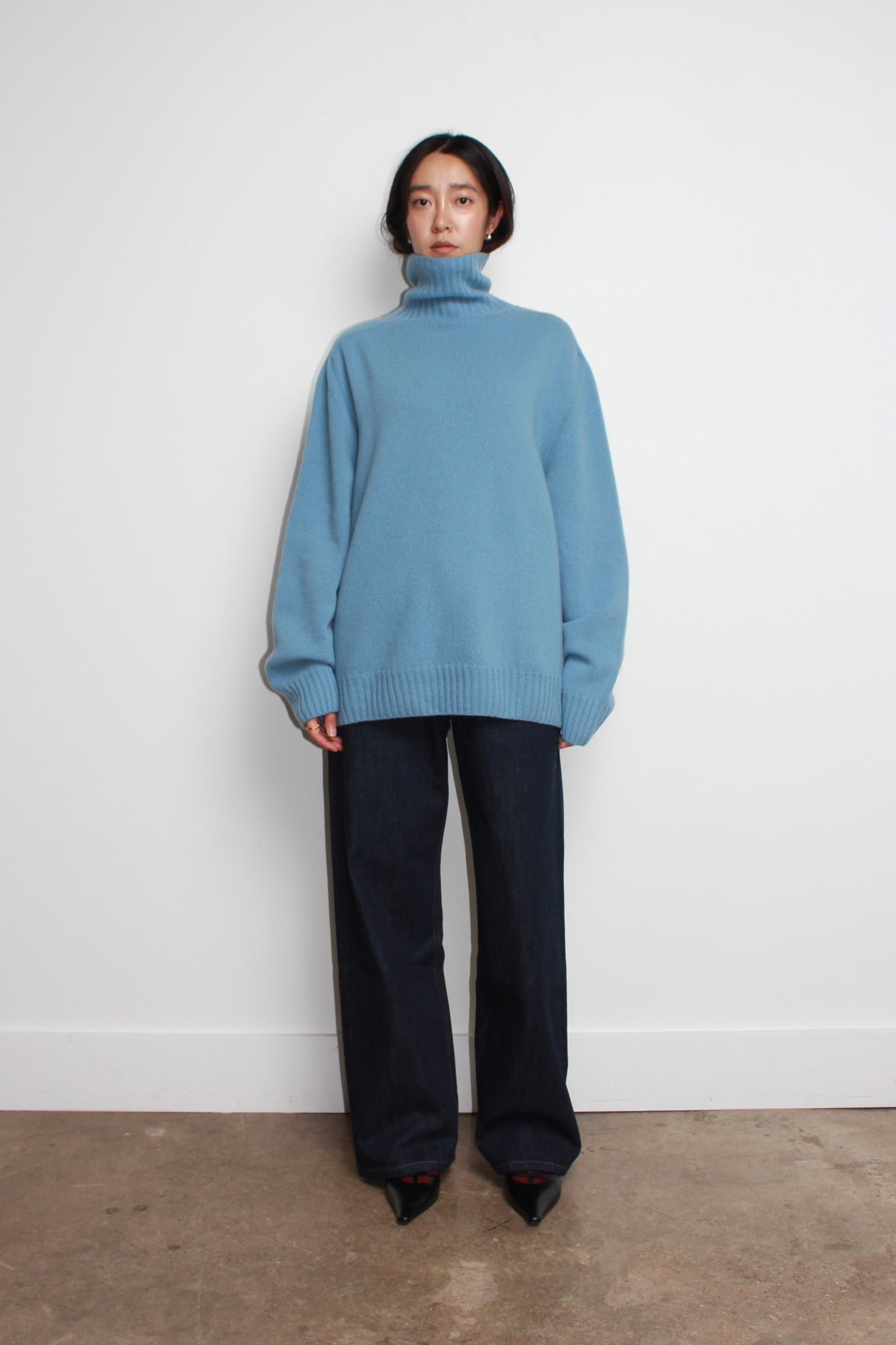 Whole garment Fine wool Turtleneck Sweater in Light Blue