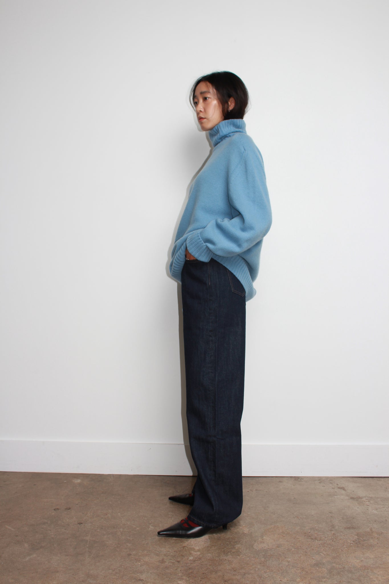 Whole garment Fine wool Turtleneck Sweater in Light Blue