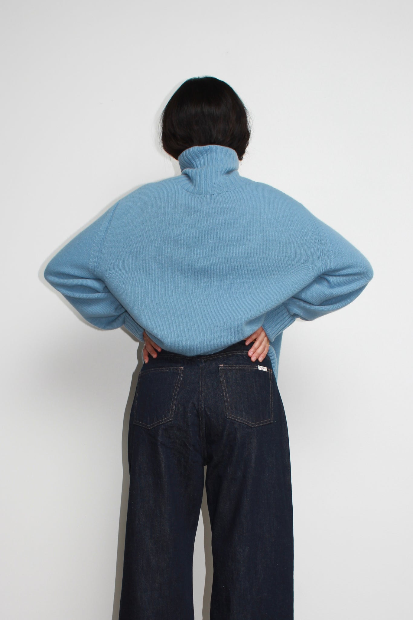 Whole garment Fine wool Turtleneck Sweater in Light Blue