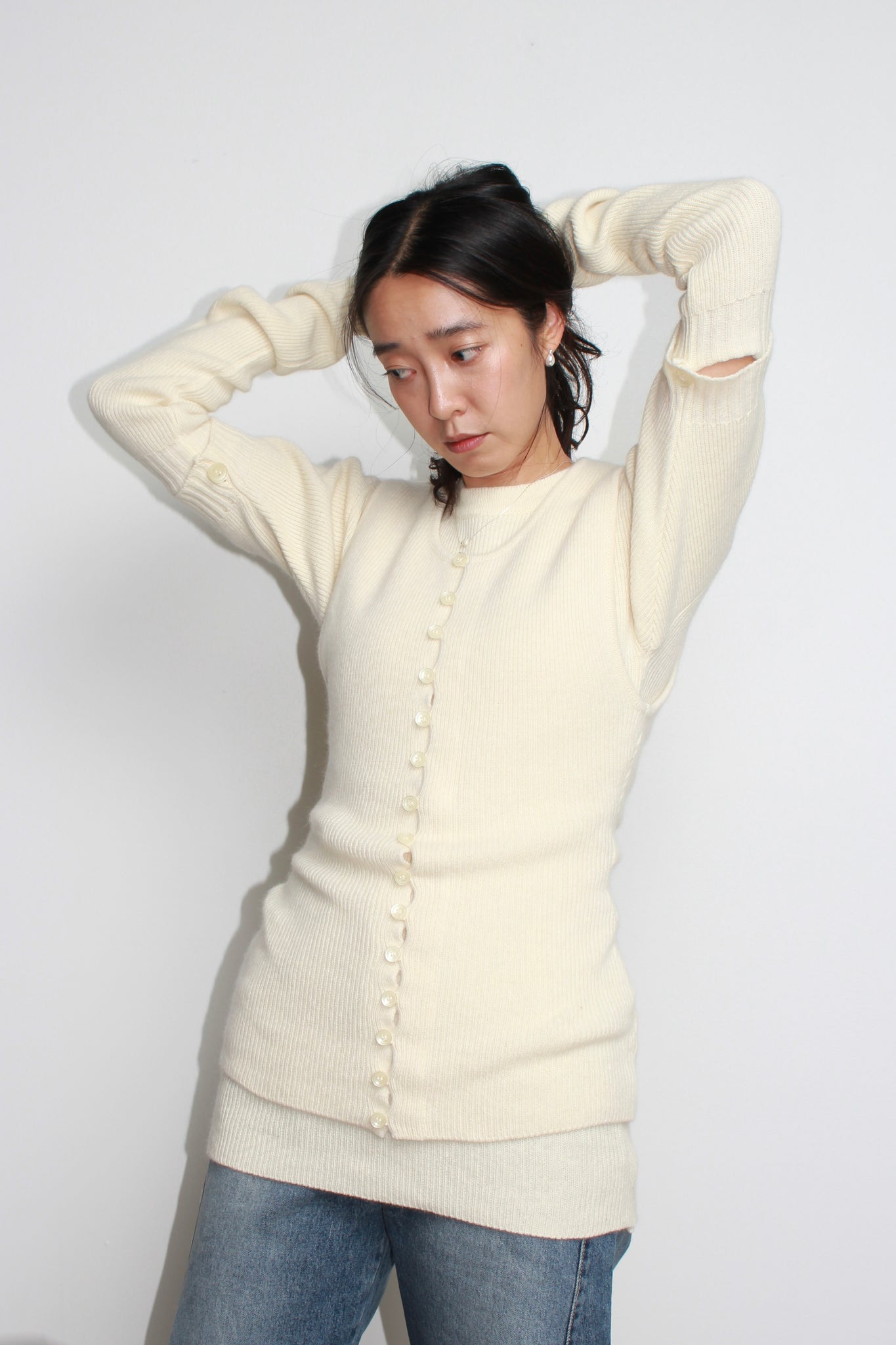 Line Wool Knit Vest in Ivory