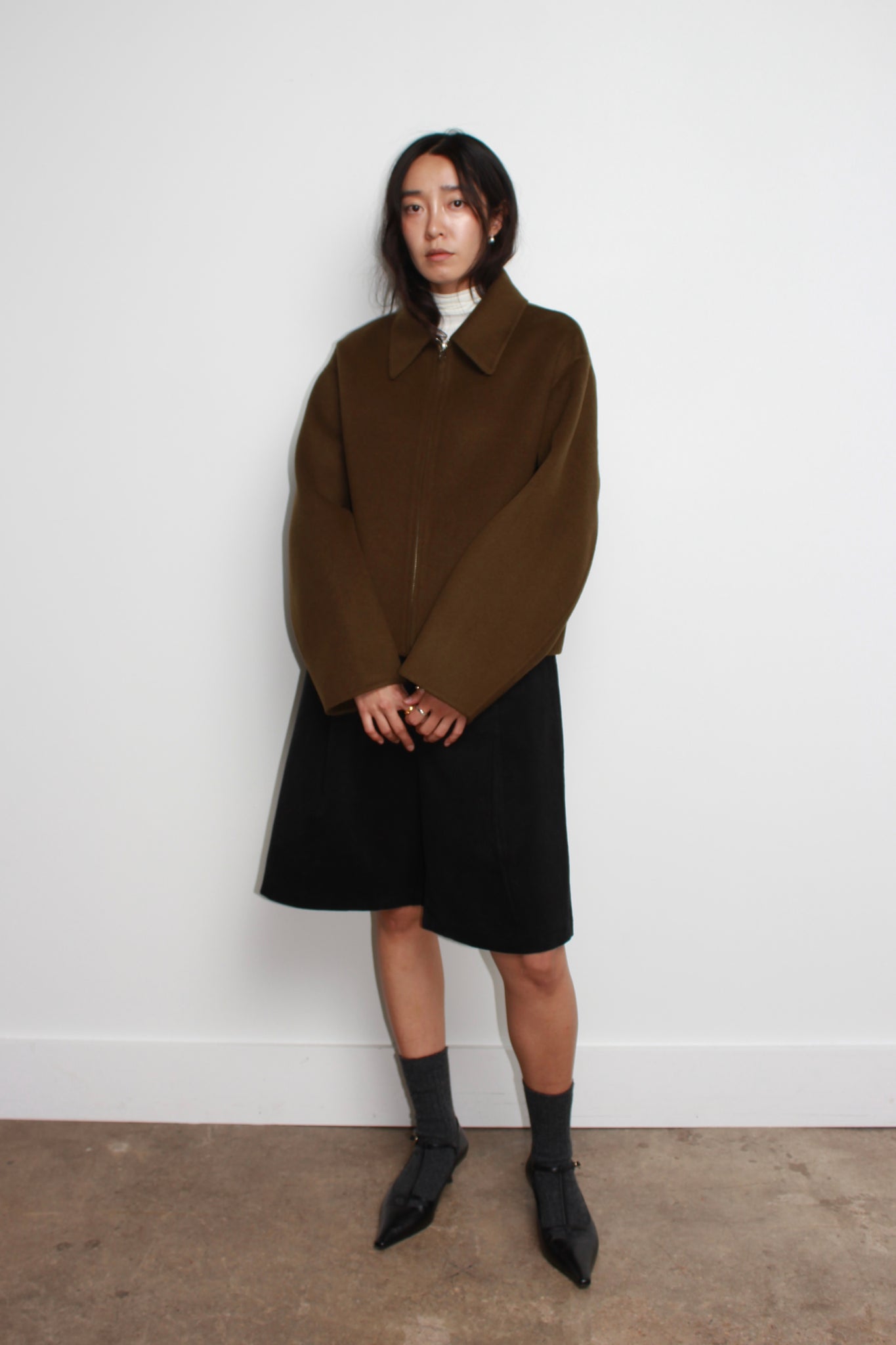 Handmade Wool Zip-up Coat Olive Brown