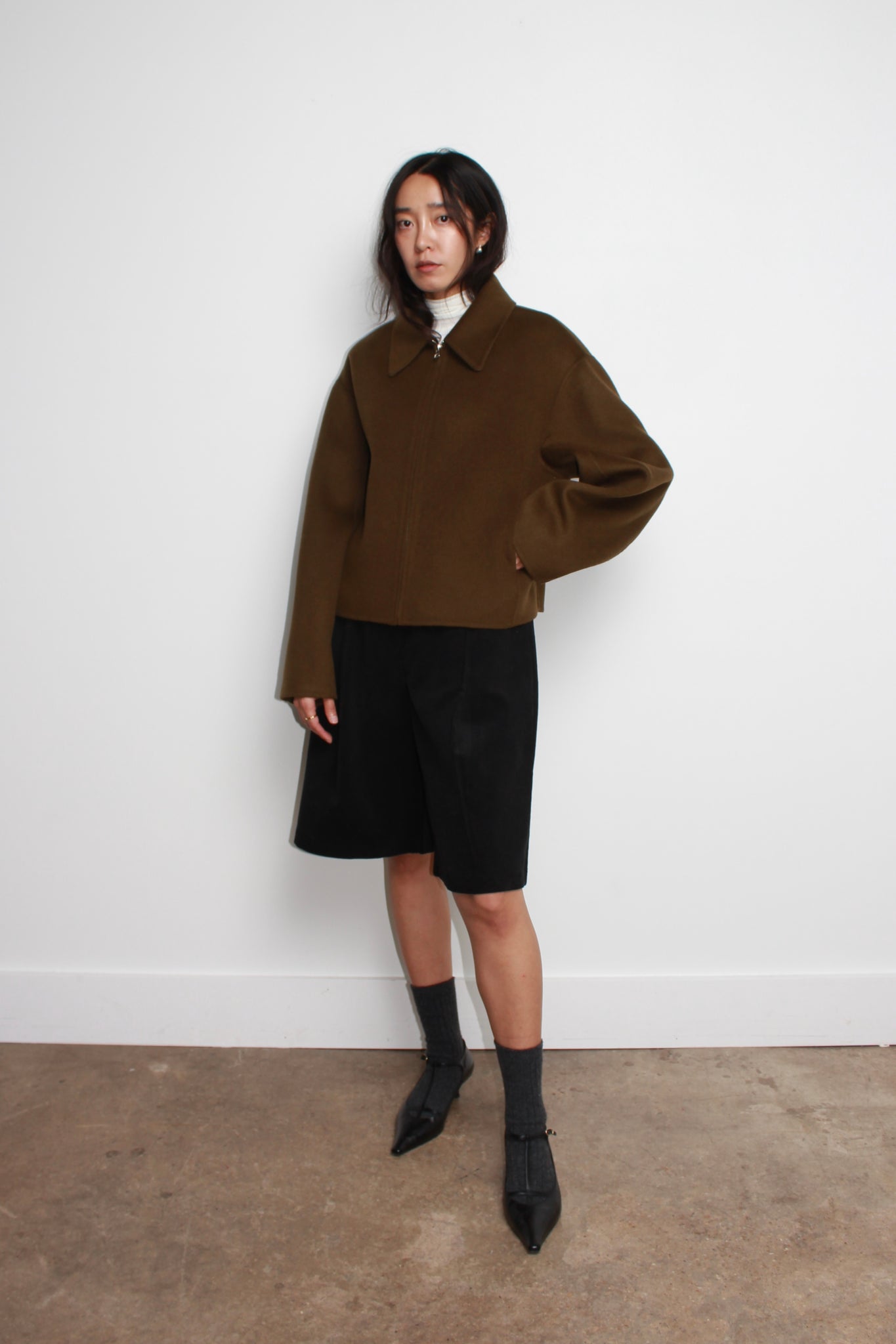 Handmade Wool Zip-up Coat Olive Brown