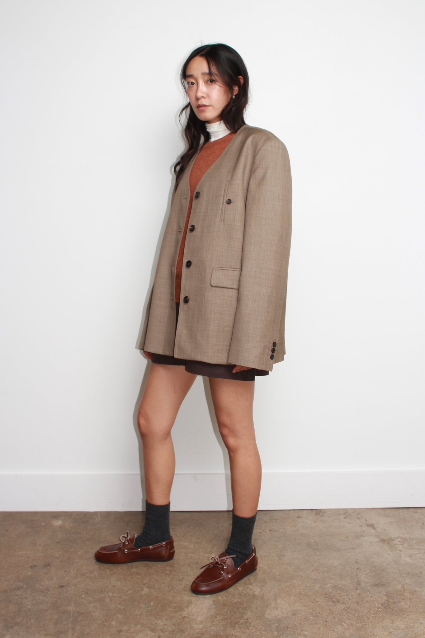 RT Wool Collarless Blazer in Plaid Brown