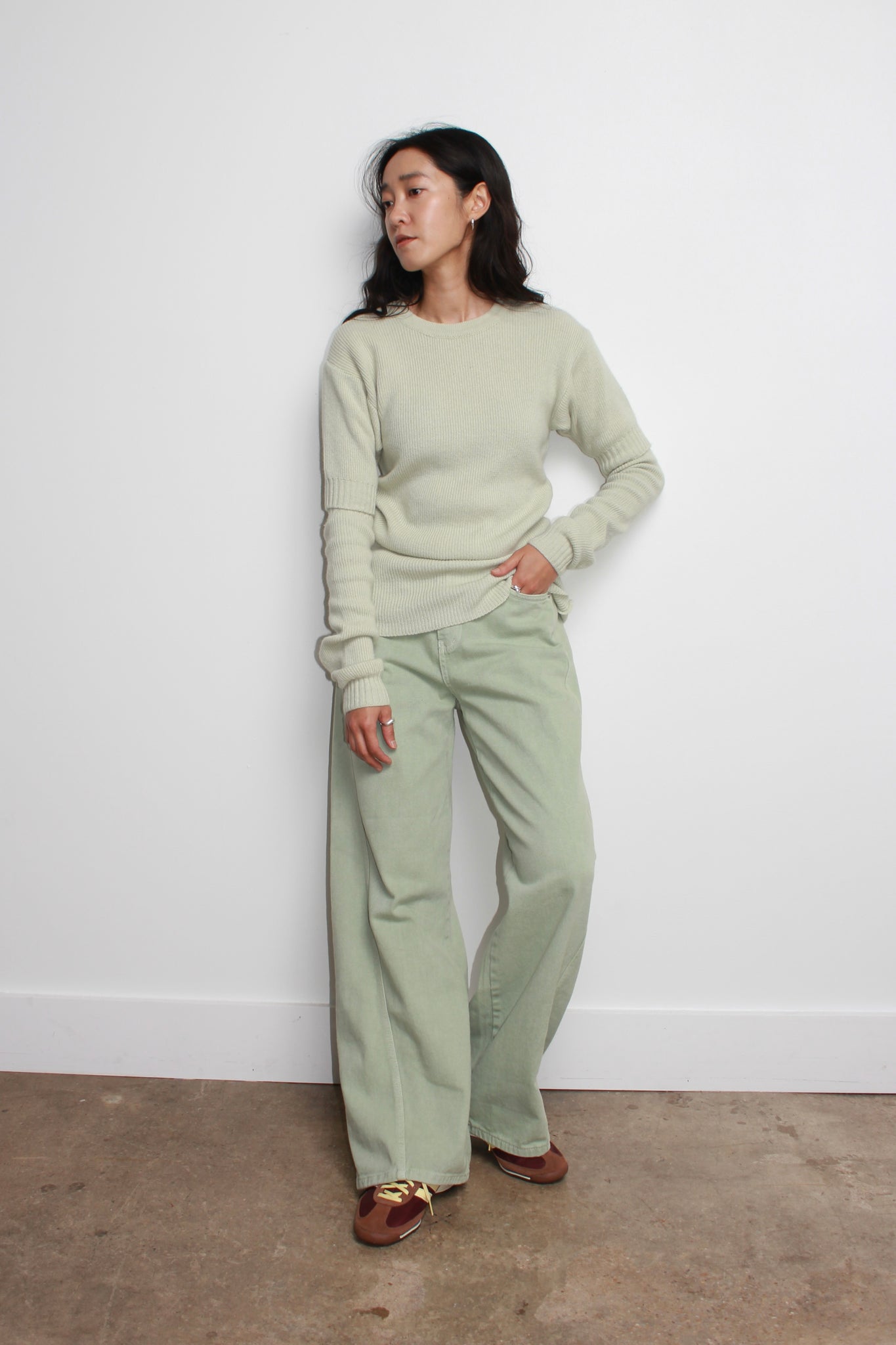 Line Wool Button Sleeve Knit in Mint