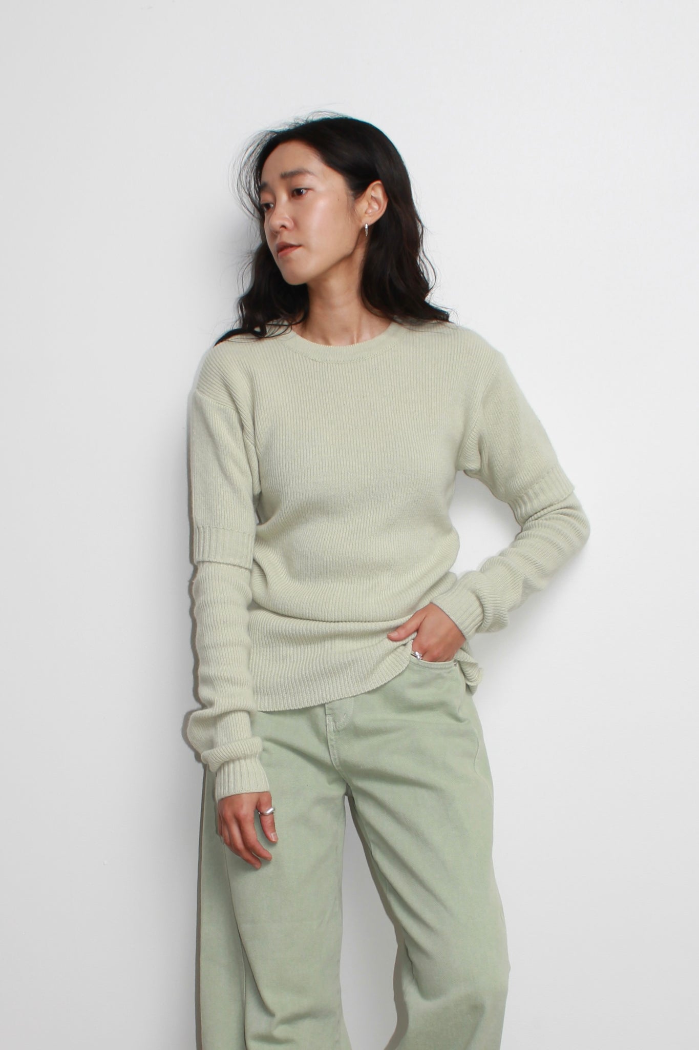 Line Wool Button Sleeve Knit in Mint