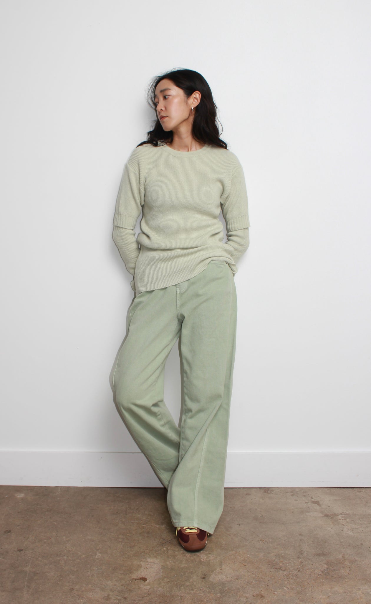 Line Wool Button Sleeve Knit in Mint