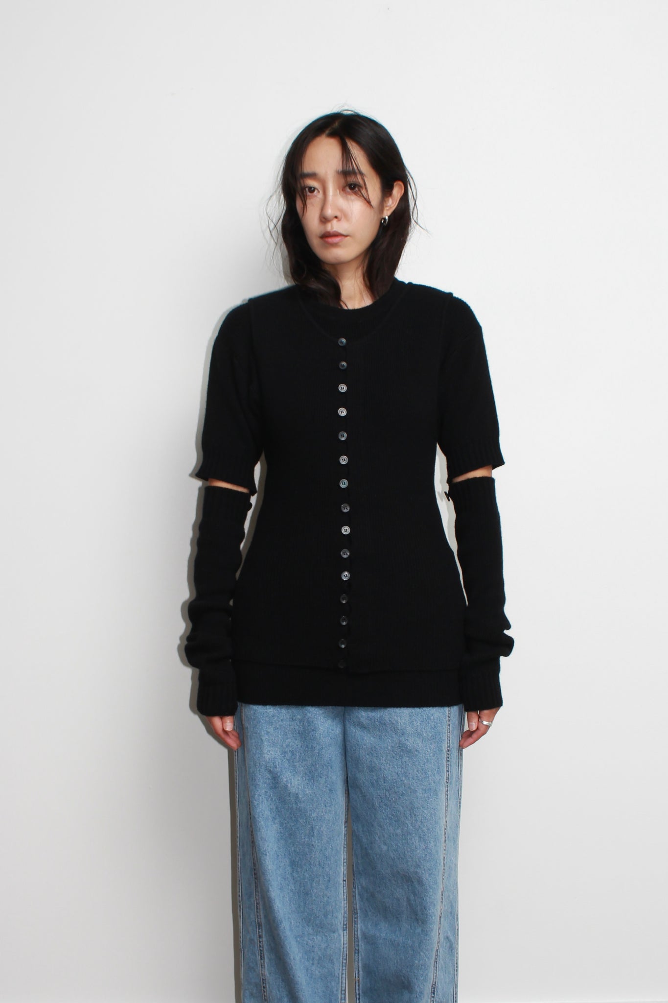 Line Wool Button Sleeve Knit in Black