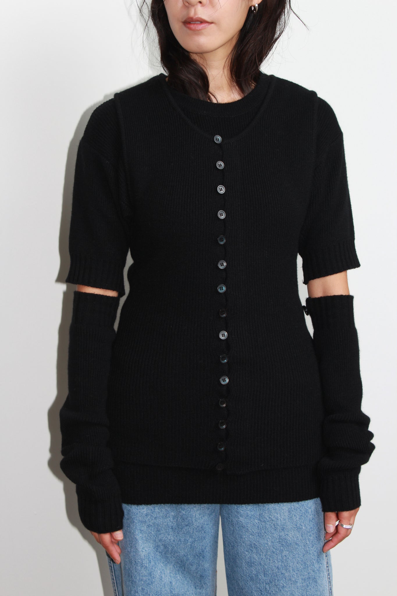 Line Wool Button Sleeve Knit in Black