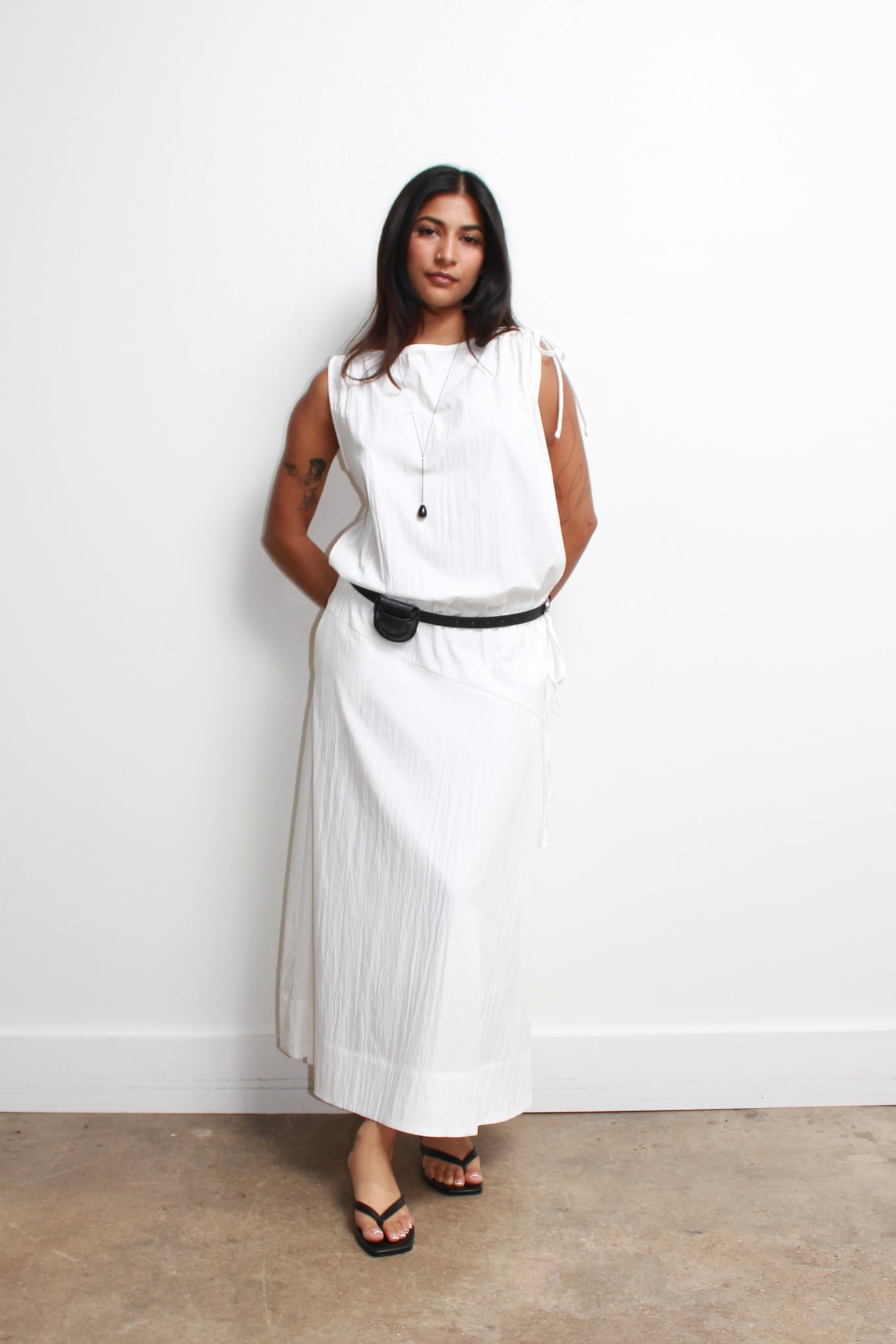 Nweol Shoulder String Dress in White