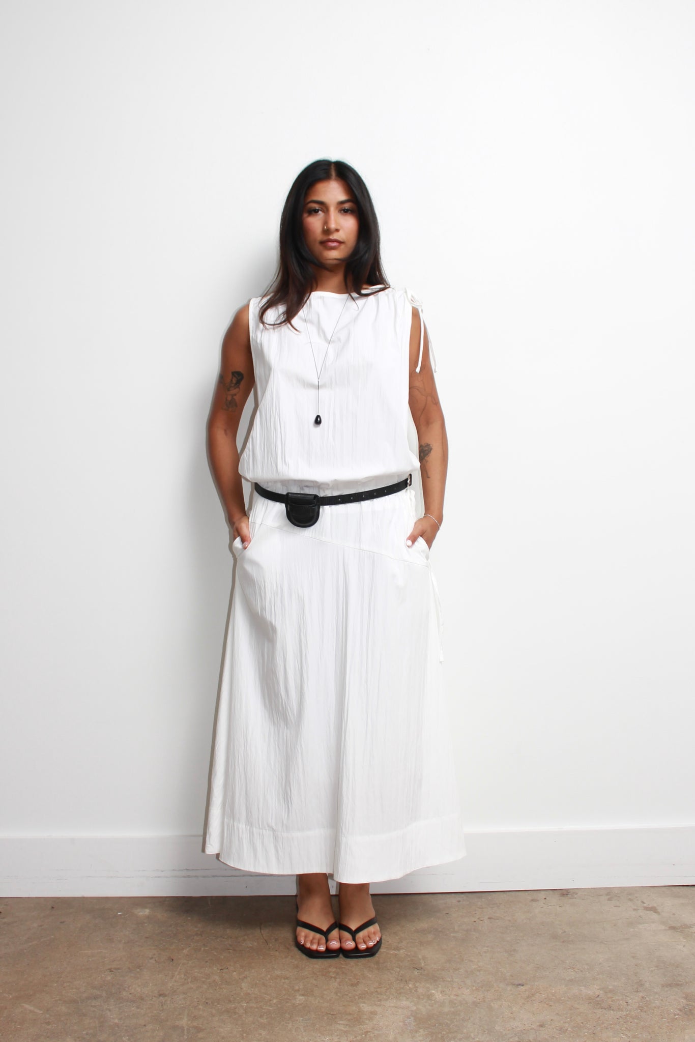 Nweol Shoulder String Dress in White