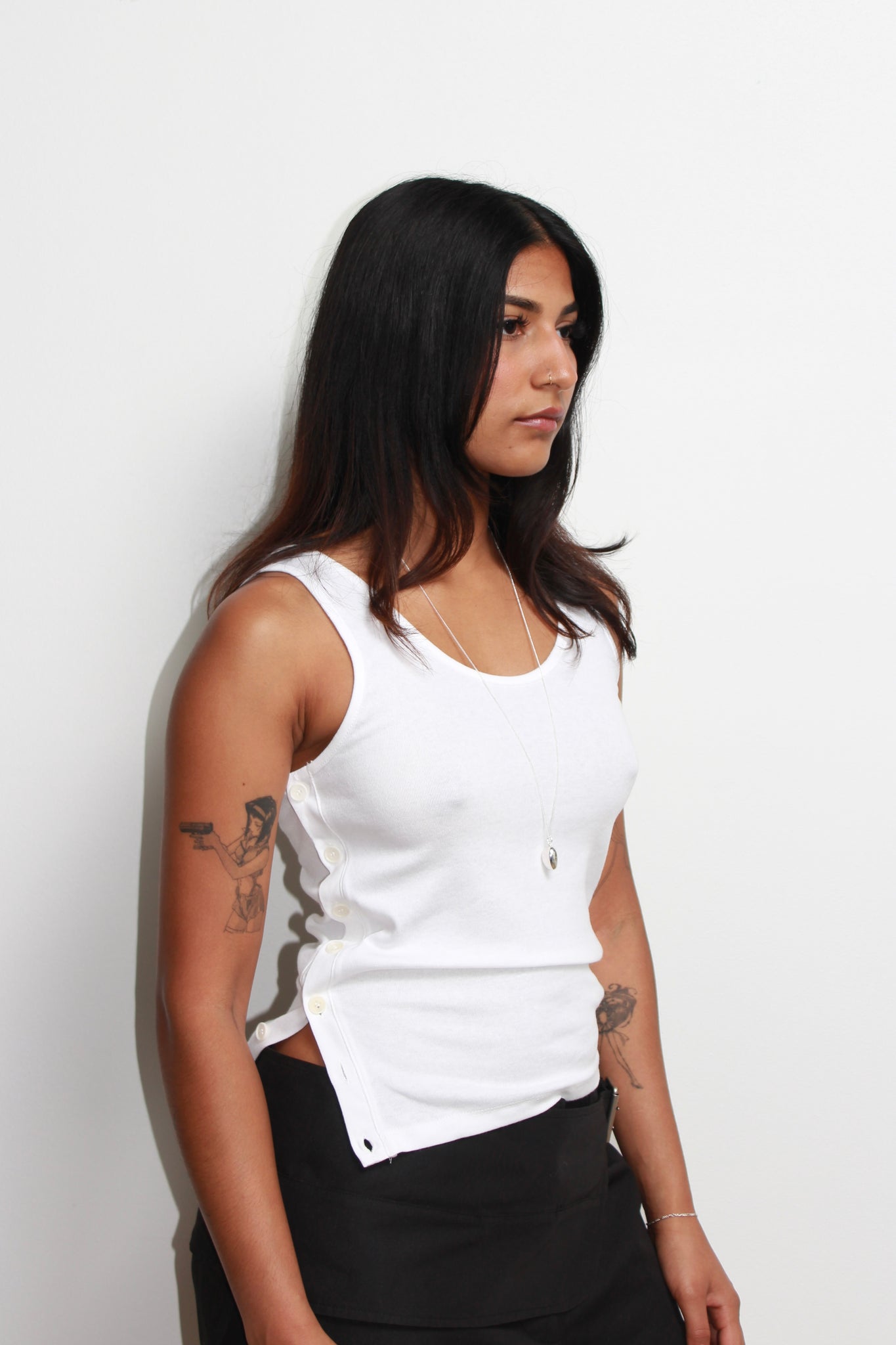 Side Button Sleeveless Top in White