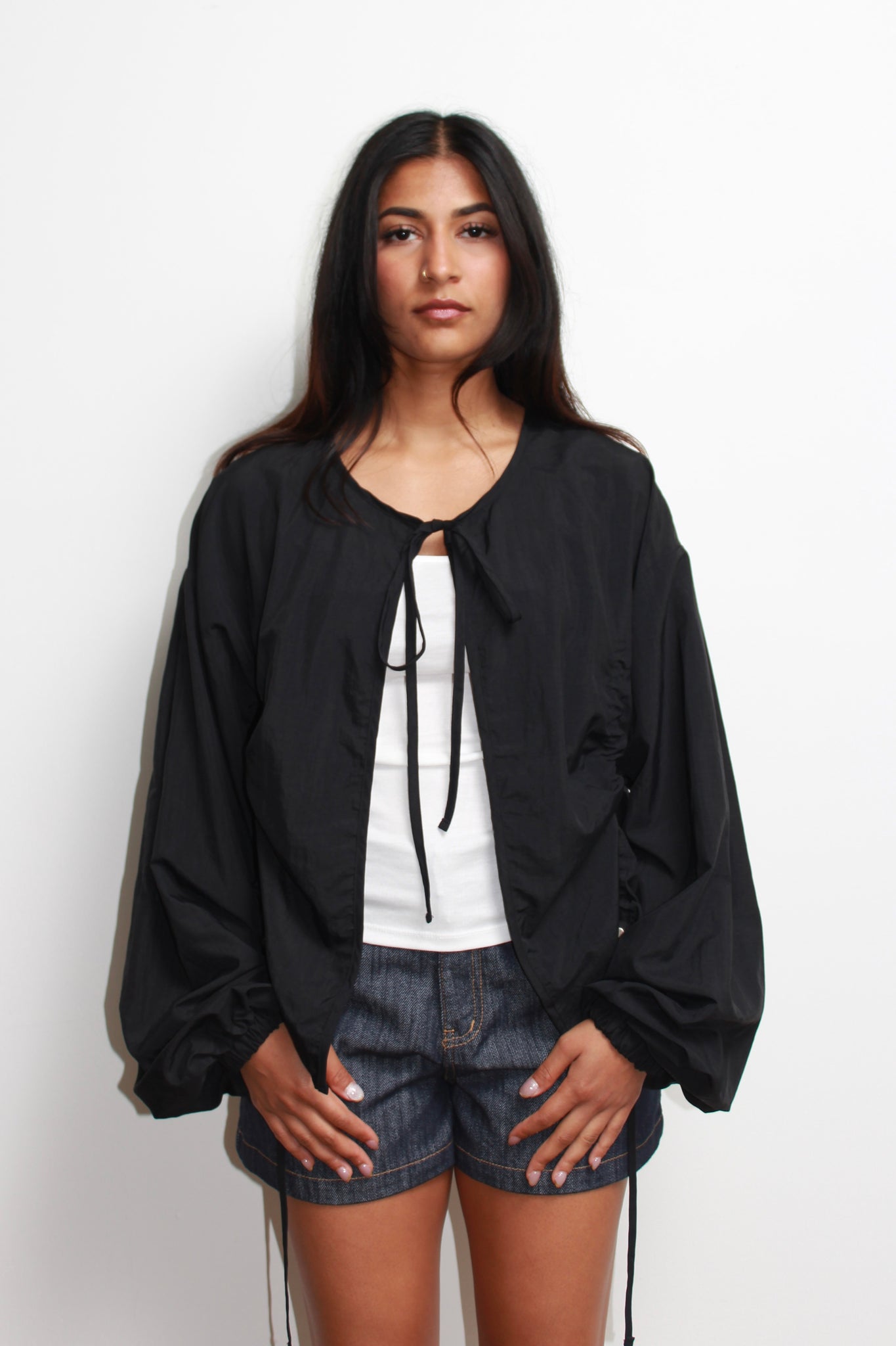 Ruffle Drawstring Bolero in Black