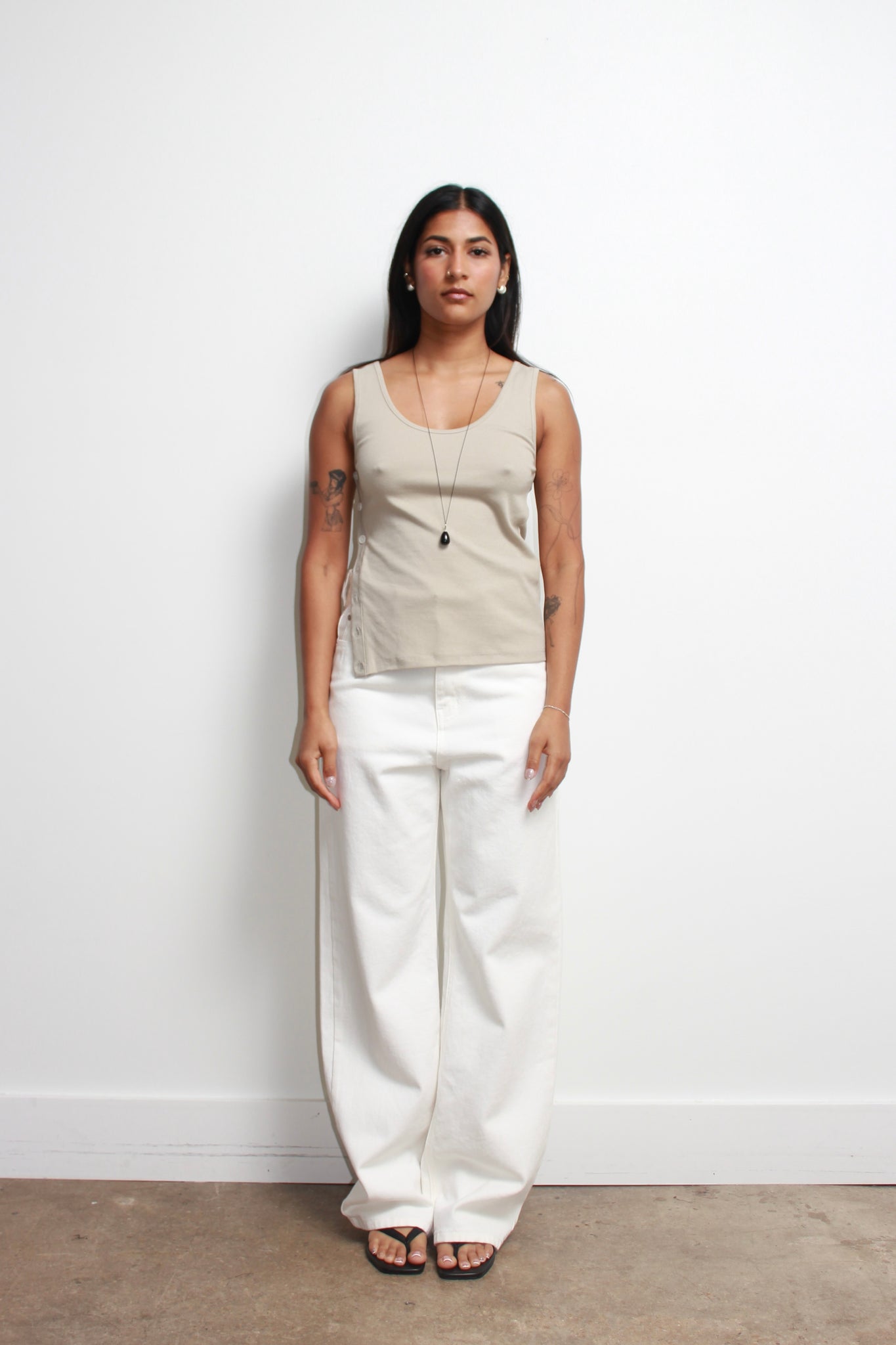 Side Button Sleeveless Top in Beige