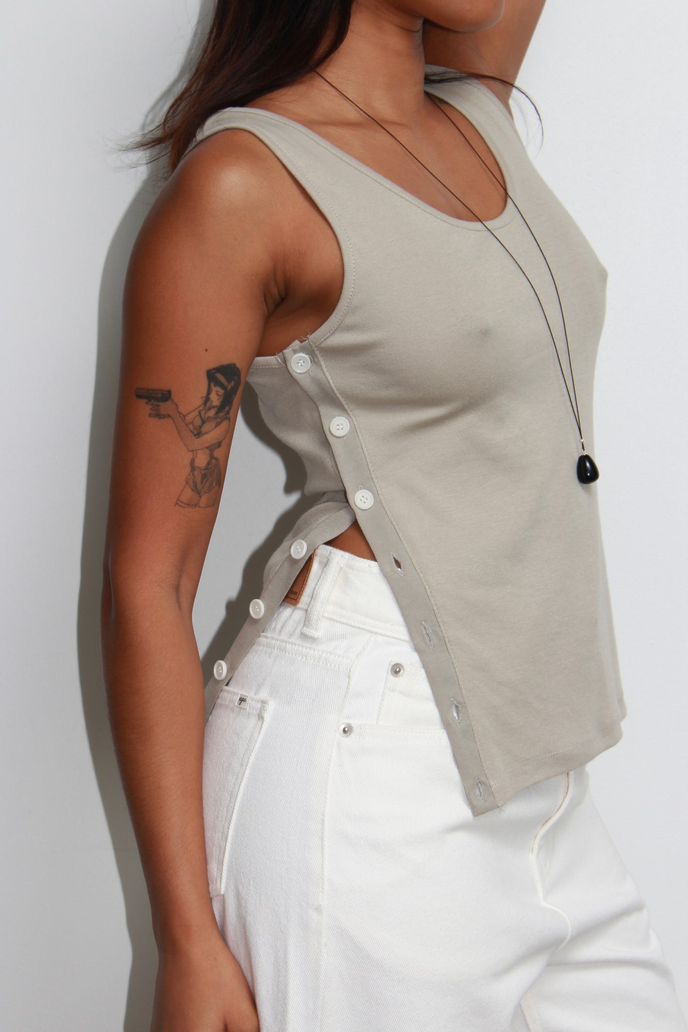 Side Button Sleeveless Top in Beige