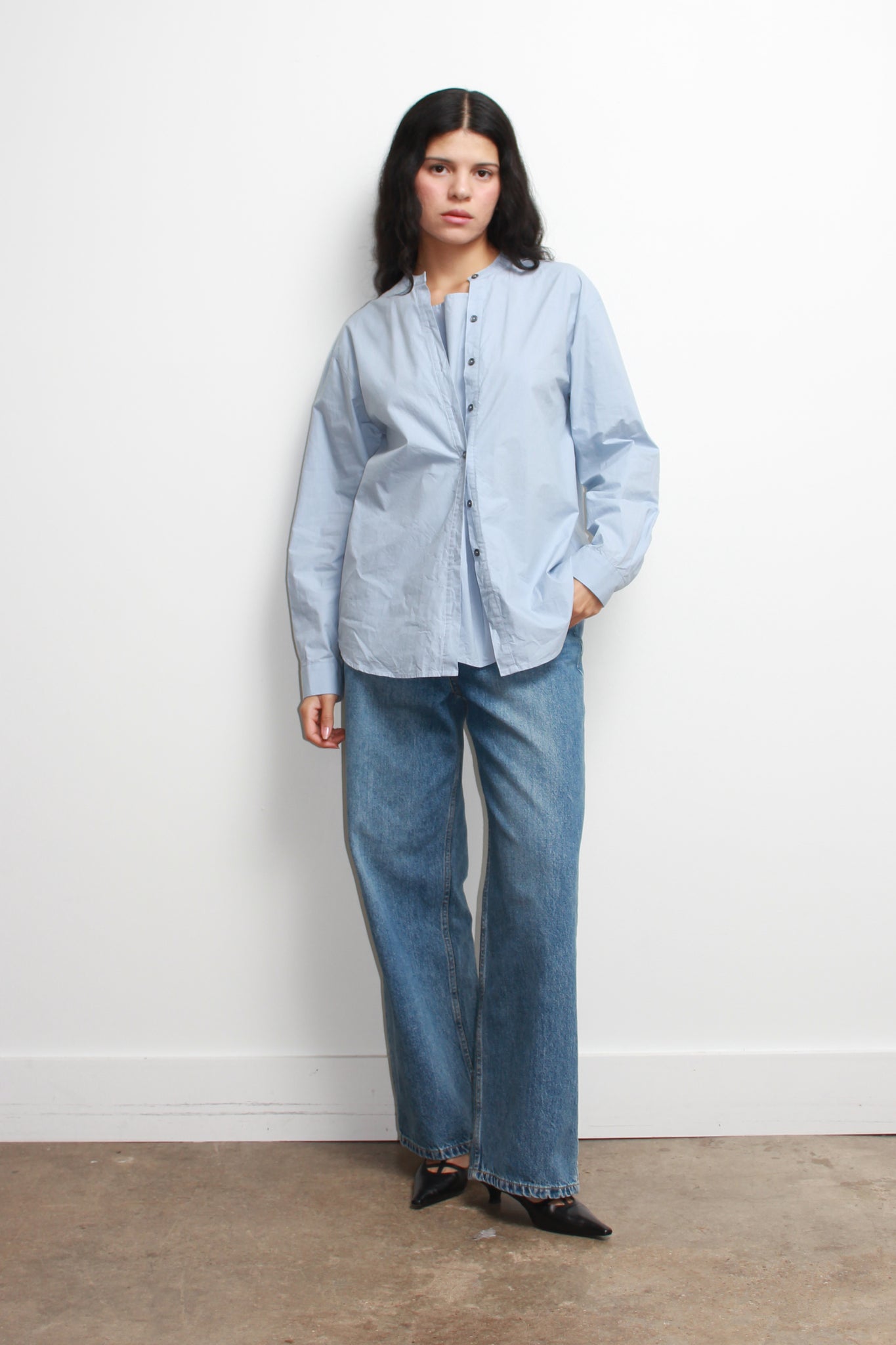 Hidden Square Neck Button Up Shirt in Sky Blue