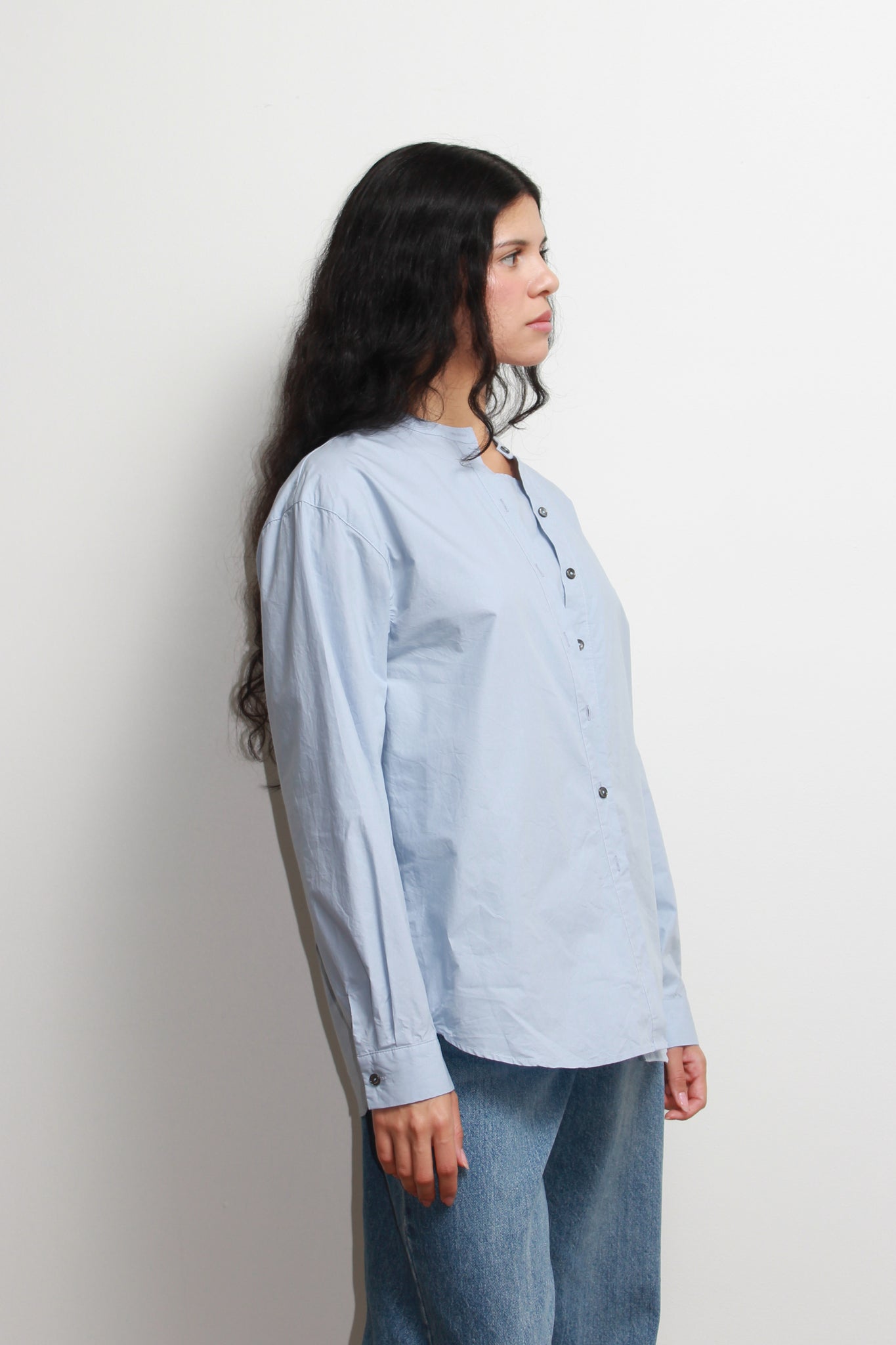 Hidden Square Neck Button Up Shirt in Sky Blue